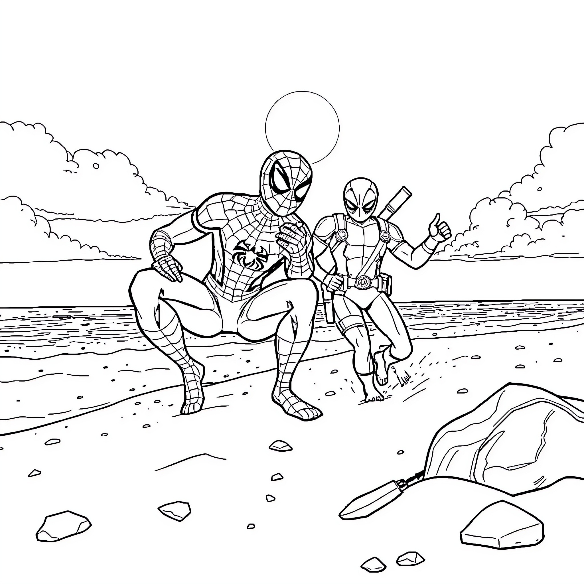 Spider-Man and Spider-Gwen in action on the beach Coloring Page (free black-and-white line drawing printable PDF for all, from beginners to advanced learners, including children, teens, adults, and seniors)