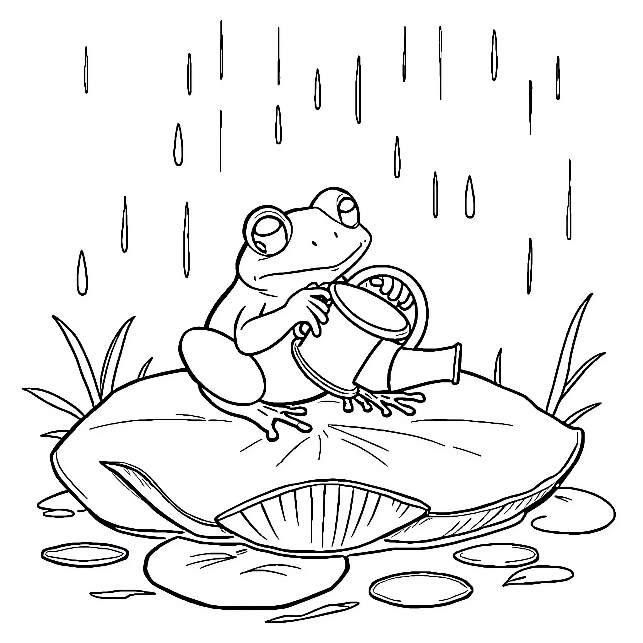 Frog resting on a lily pad in the rain Coloring Page (free black-and-white line drawing printable PDF for all, from beginners to advanced learners, including children, teens, adults, and seniors)