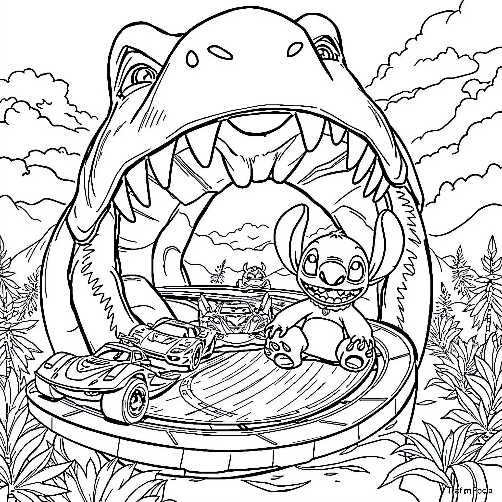 Hot Wheels monster truck adventure in the wild Coloring Page (free black-and-white line drawing printable PDF for all, from beginners to advanced learners, including children, teens, adults, and seniors)