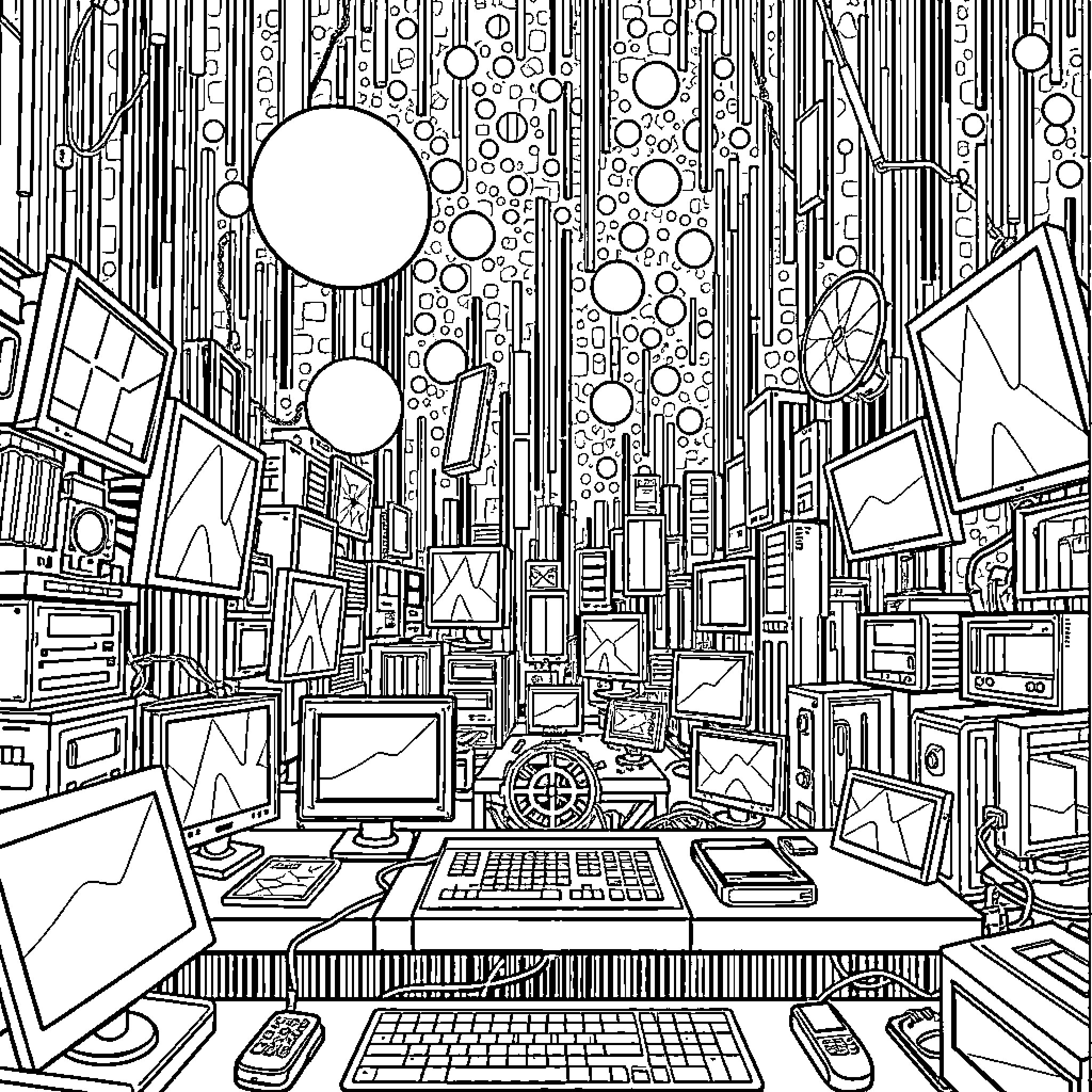 Digital Abstract Workspace Coloring Page (free black-and-white line drawing printable PDF for all, from beginners to advanced learners, including children, teens, adults, and seniors)