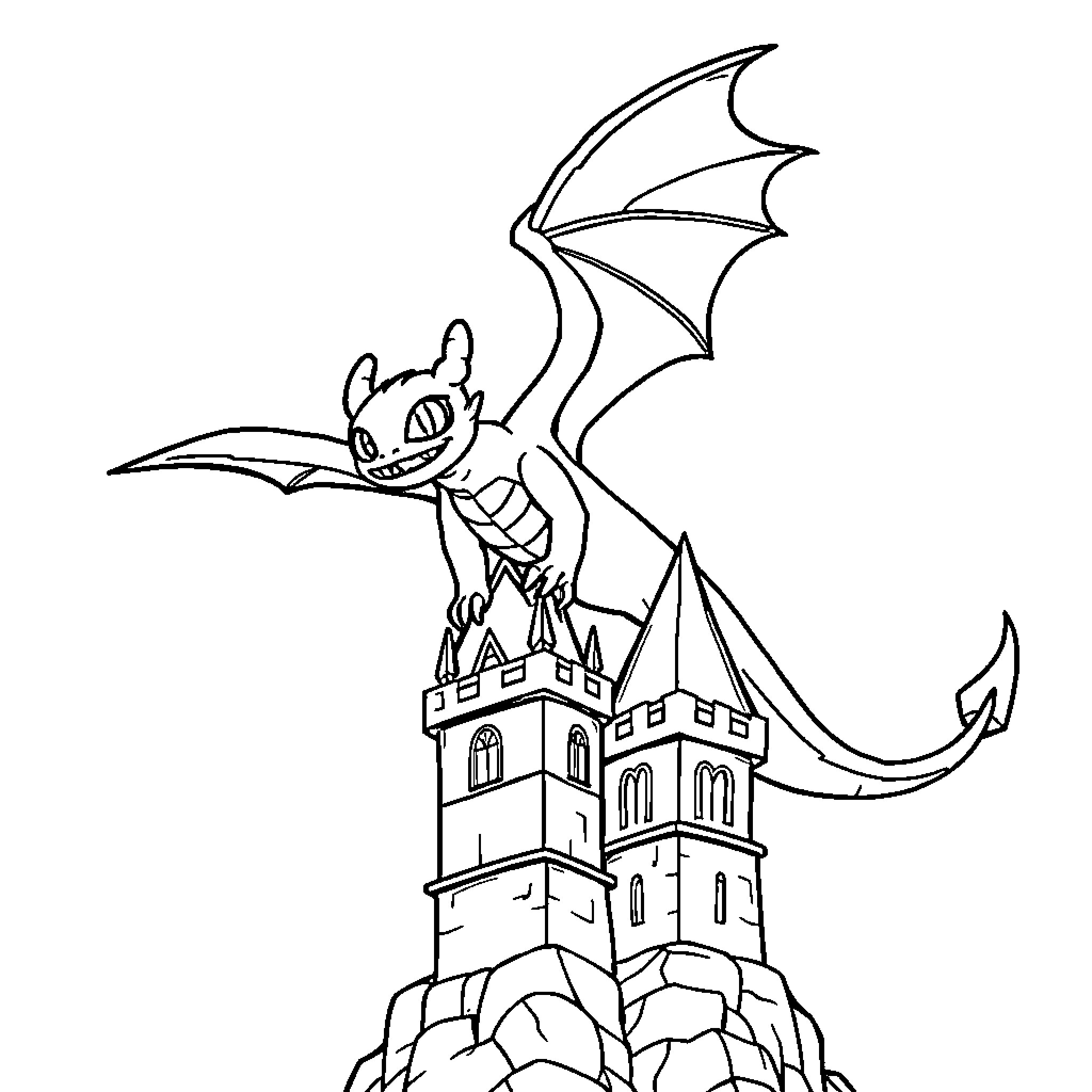 Toothless dragon atop a majestic castle Coloring Page (free black-and-white line drawing printable PDF for all, from beginners to advanced learners, including children, teens, adults, and seniors)