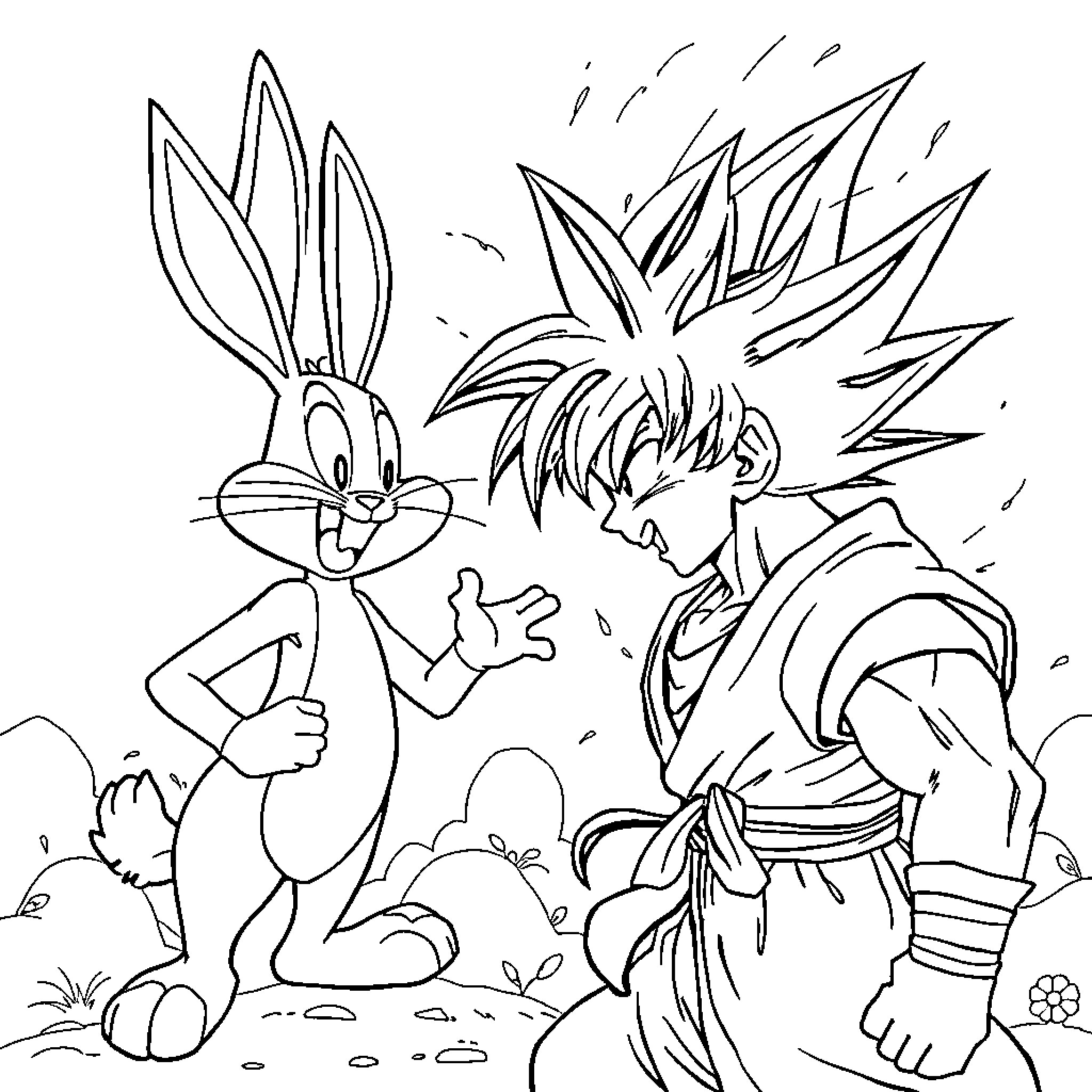 Goku confronts mischievous Bugs Bunny in anime-inspired setting Coloring Page (free black-and-white line drawing printable PDF for all, from beginners to advanced learners, including children, teens, adults, and seniors)