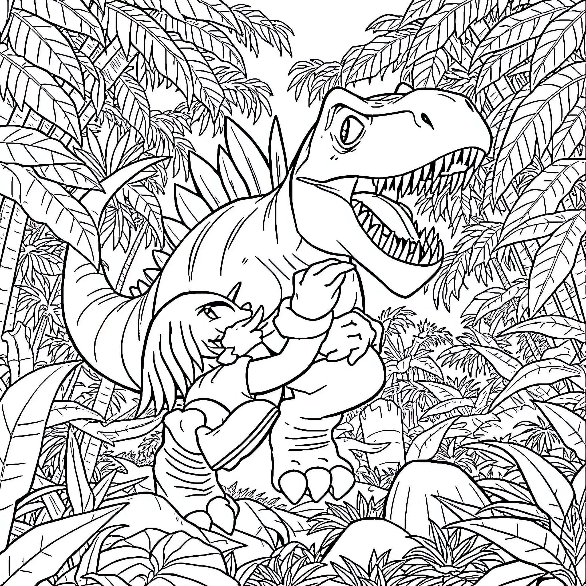 Spinosaurus exploring the lush prehistoric landscape Coloring Page (free black-and-white line drawing printable PDF for all, from beginners to advanced learners, including children, teens, adults, and seniors)