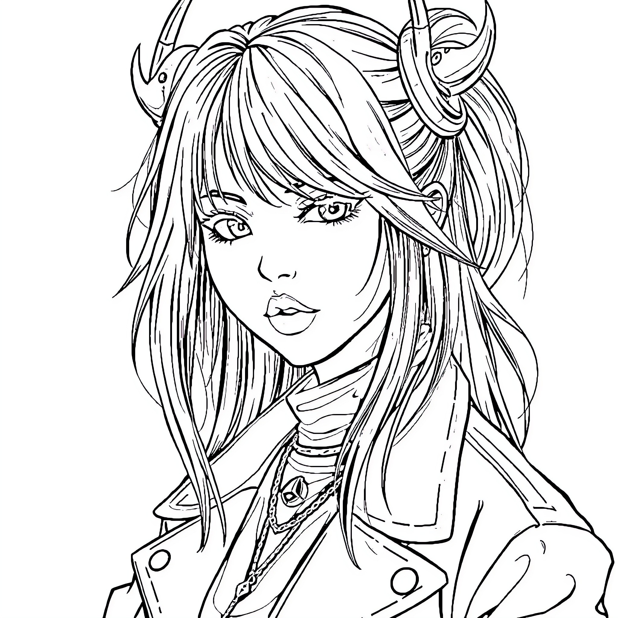 Rumi's Fantastical Portrait with Horns Coloring Page (free black-and-white line drawing printable PDF for all, from beginners to advanced learners, including children, teens, adults, and seniors)