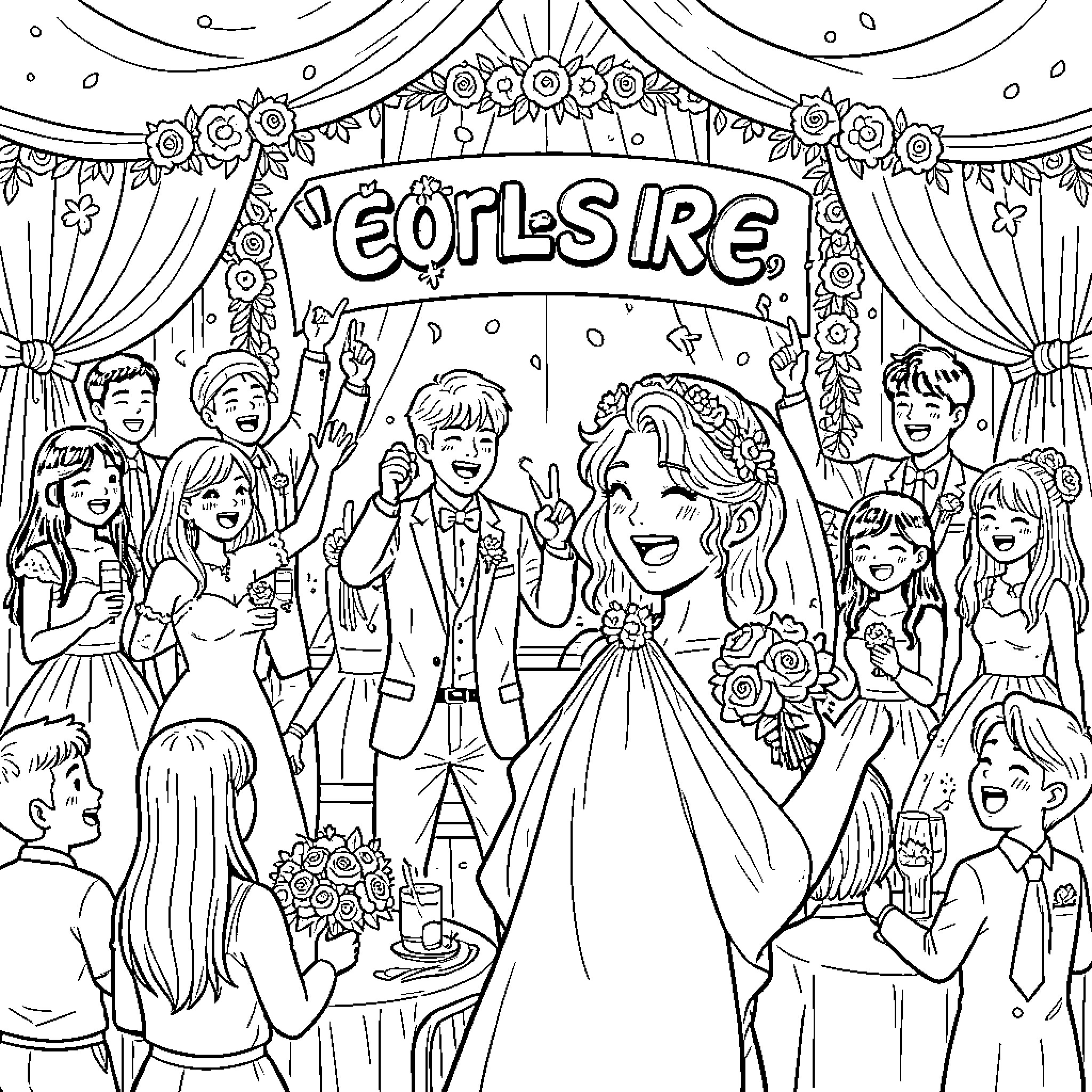K Pop idols celebrating a wedding ceremony joyfully Coloring Page (free black-and-white line drawing printable PDF for all, from beginners to advanced learners, including children, teens, adults, and seniors)