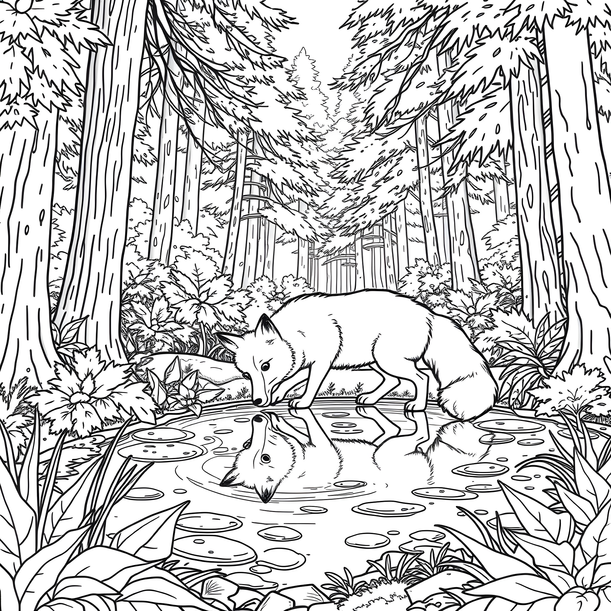 Fox reflecting in forest pond Coloring Page (free black-and-white line drawing printable PDF for all, from beginners to advanced learners, including children, teens, adults, and seniors)