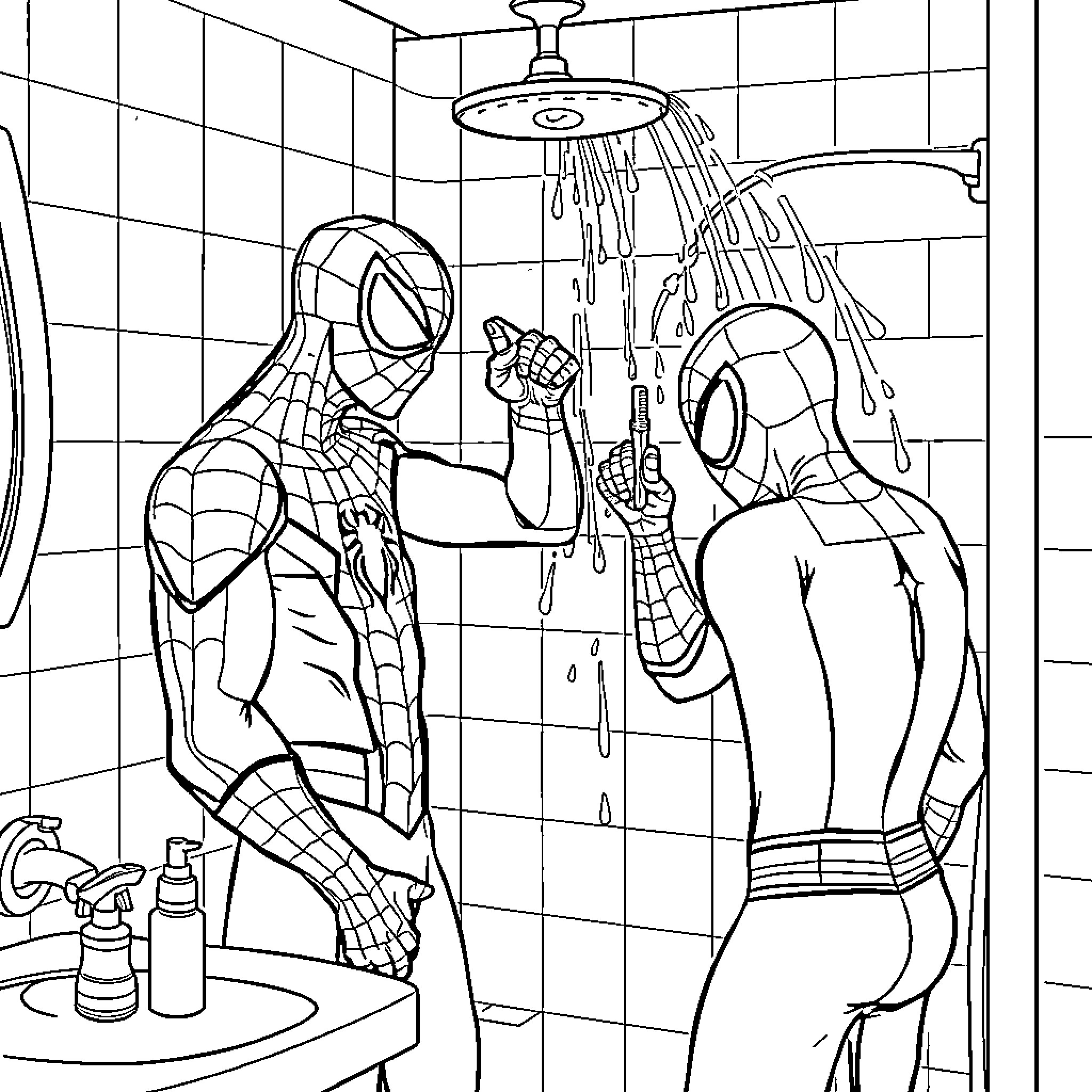 Spiderman taking a shower with another Spiderman Coloring Page (free black-and-white line drawing printable PDF for all, from beginners to advanced learners, including children, teens, adults, and seniors)