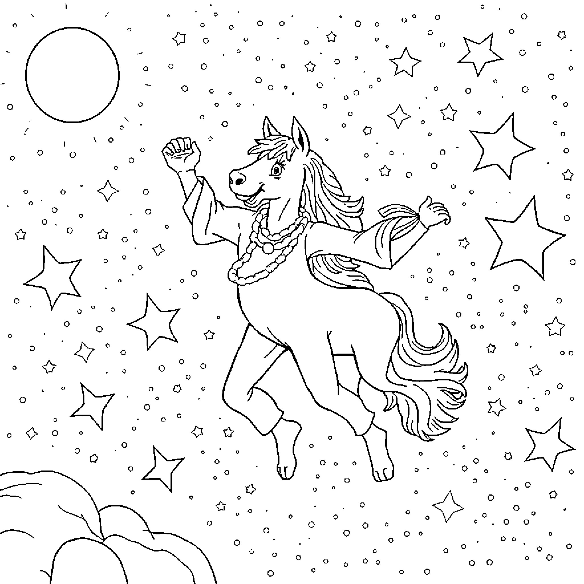 Huntrix's Magical Star Ride Coloring Page (free black-and-white line drawing printable PDF for all, from beginners to advanced learners, including children, teens, adults, and seniors)