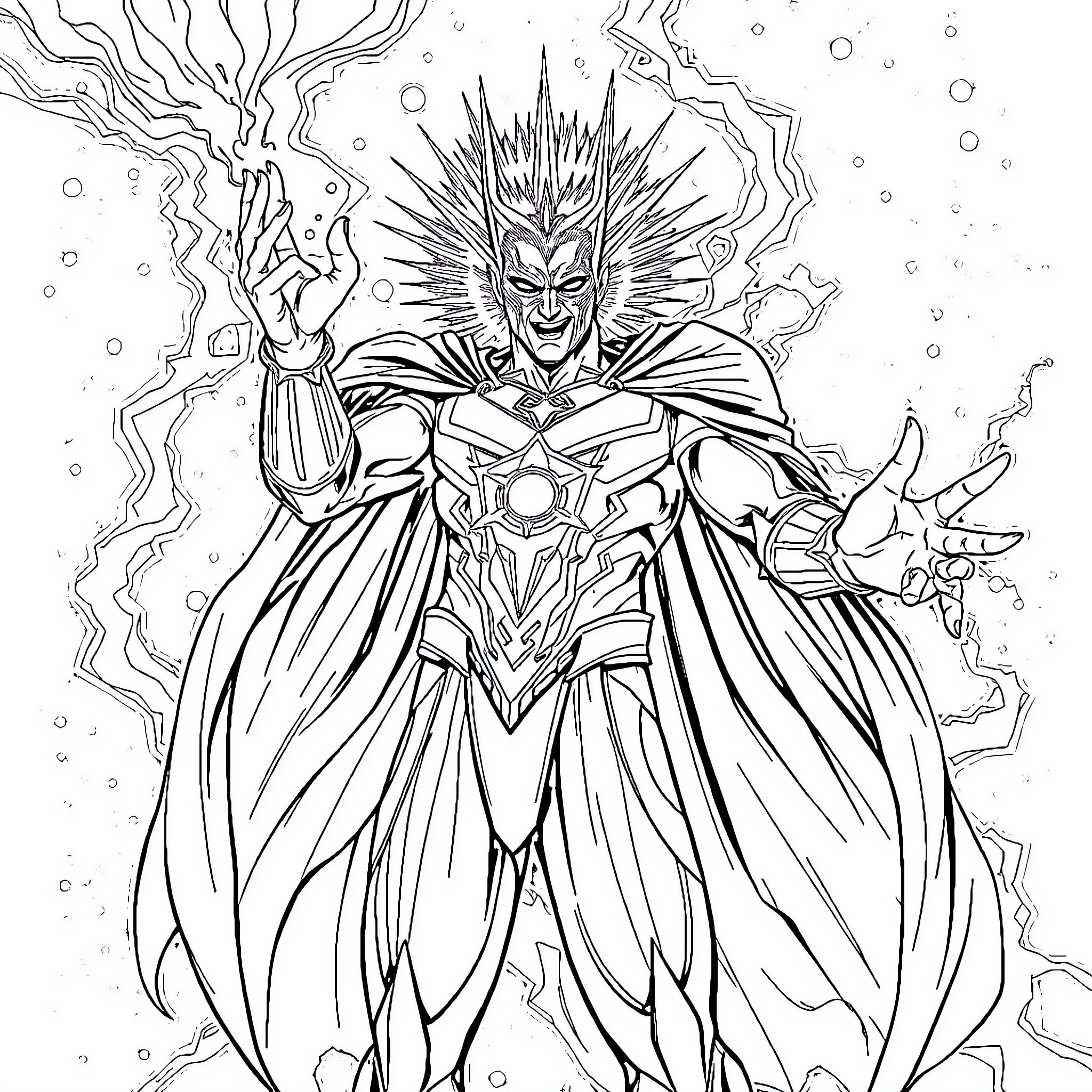 Quantum Quasar: Powerful Warrior Wielding Cosmic Energy Coloring Page (free black-and-white line drawing printable PDF for all, from beginners to advanced learners, including children, teens, adults, and seniors)
