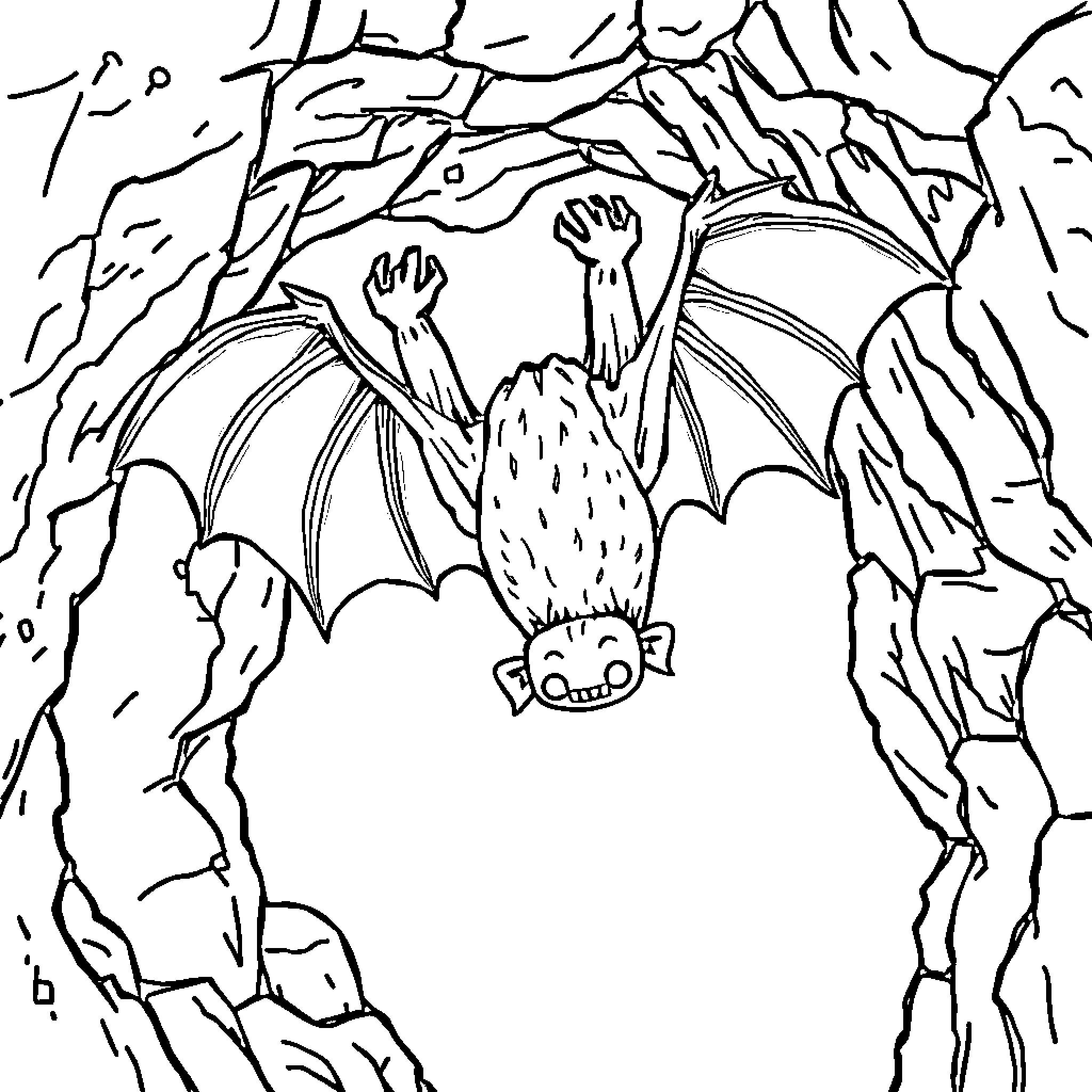 Bat Hanging Upside Down in Dark Cave Coloring Page (free black-and-white line drawing printable PDF for all, from beginners to advanced learners, including children, teens, adults, and seniors)