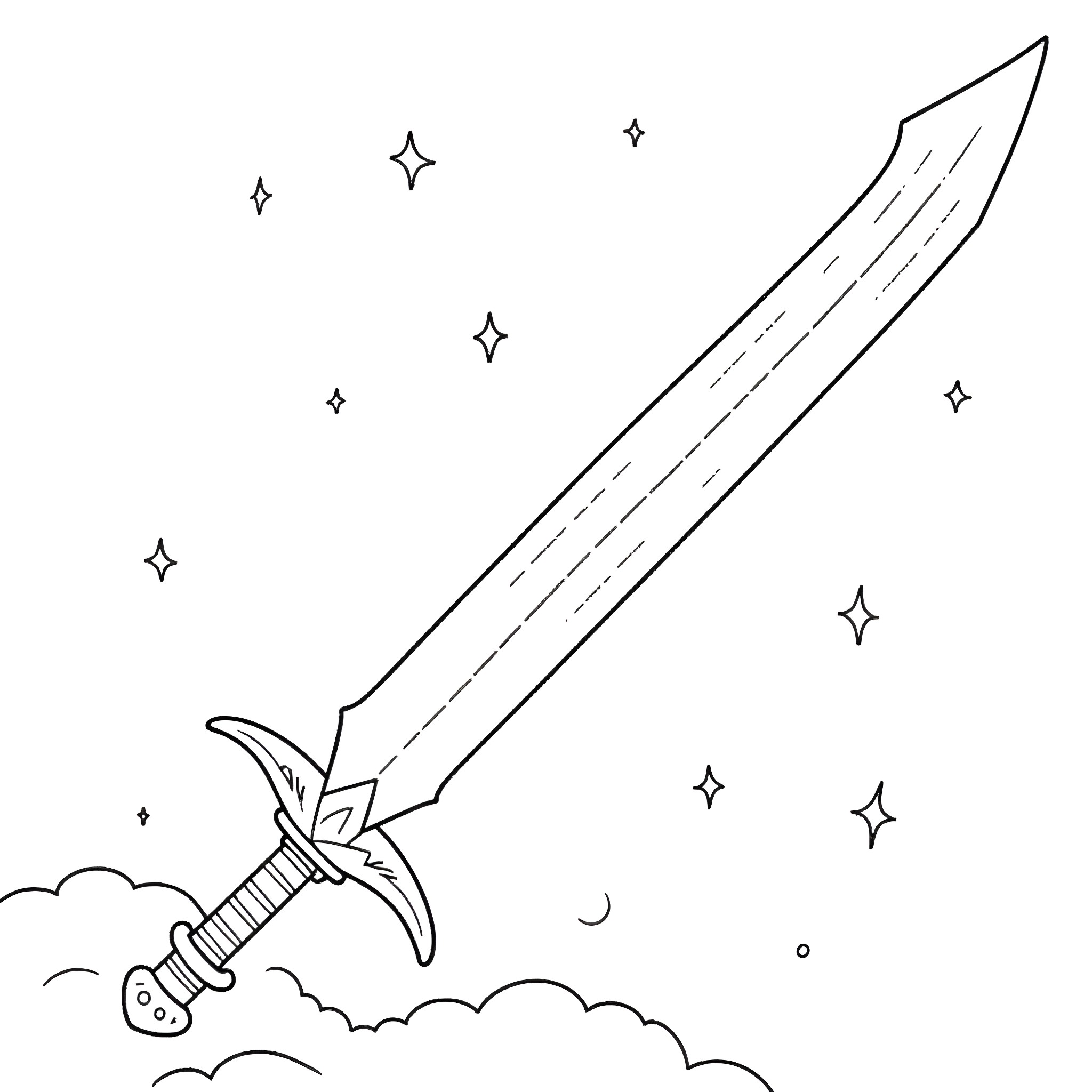 Sword piercing through the starry night sky Coloring Page (free black-and-white line drawing printable PDF for all, from beginners to advanced learners, including children, teens, adults, and seniors)