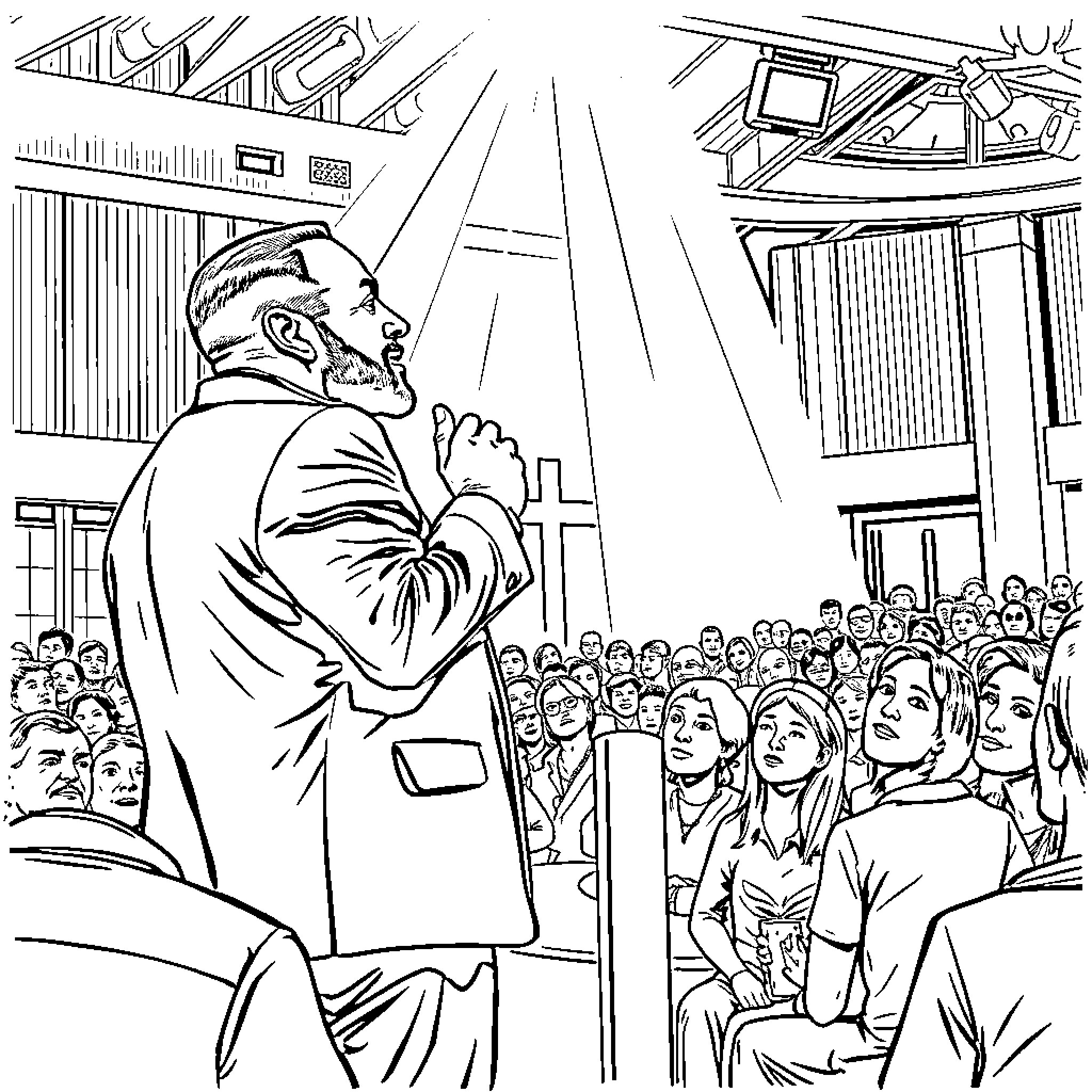 Voddie Baucham speaking passionately to a crowd Coloring Page (free black-and-white line drawing printable PDF for all, from beginners to advanced learners, including children, teens, adults, and seniors)