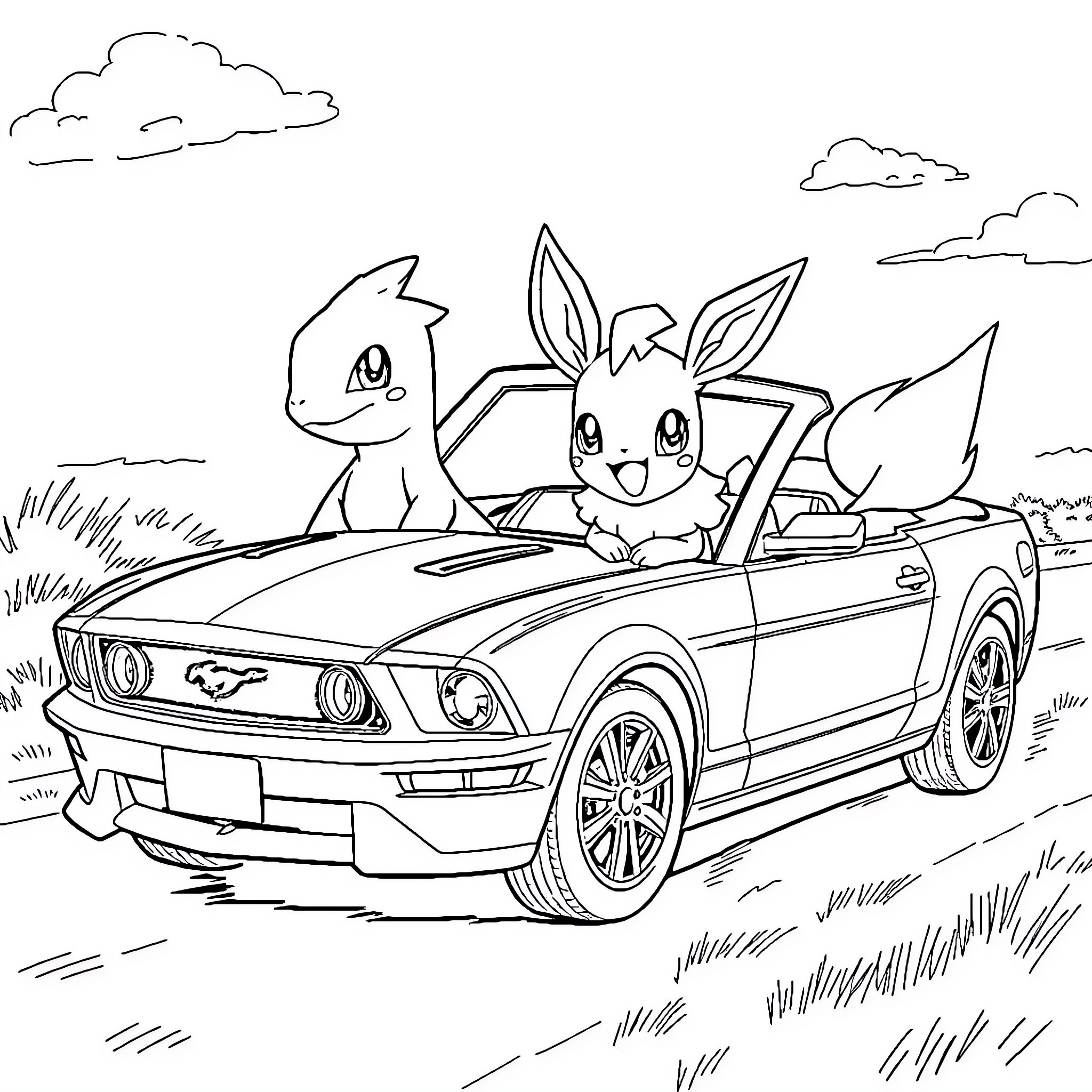 Charmander and friends go for a ride in a convertible Coloring Page (free black-and-white line drawing printable PDF for all, from beginners to advanced learners, including children, teens, adults, and seniors)