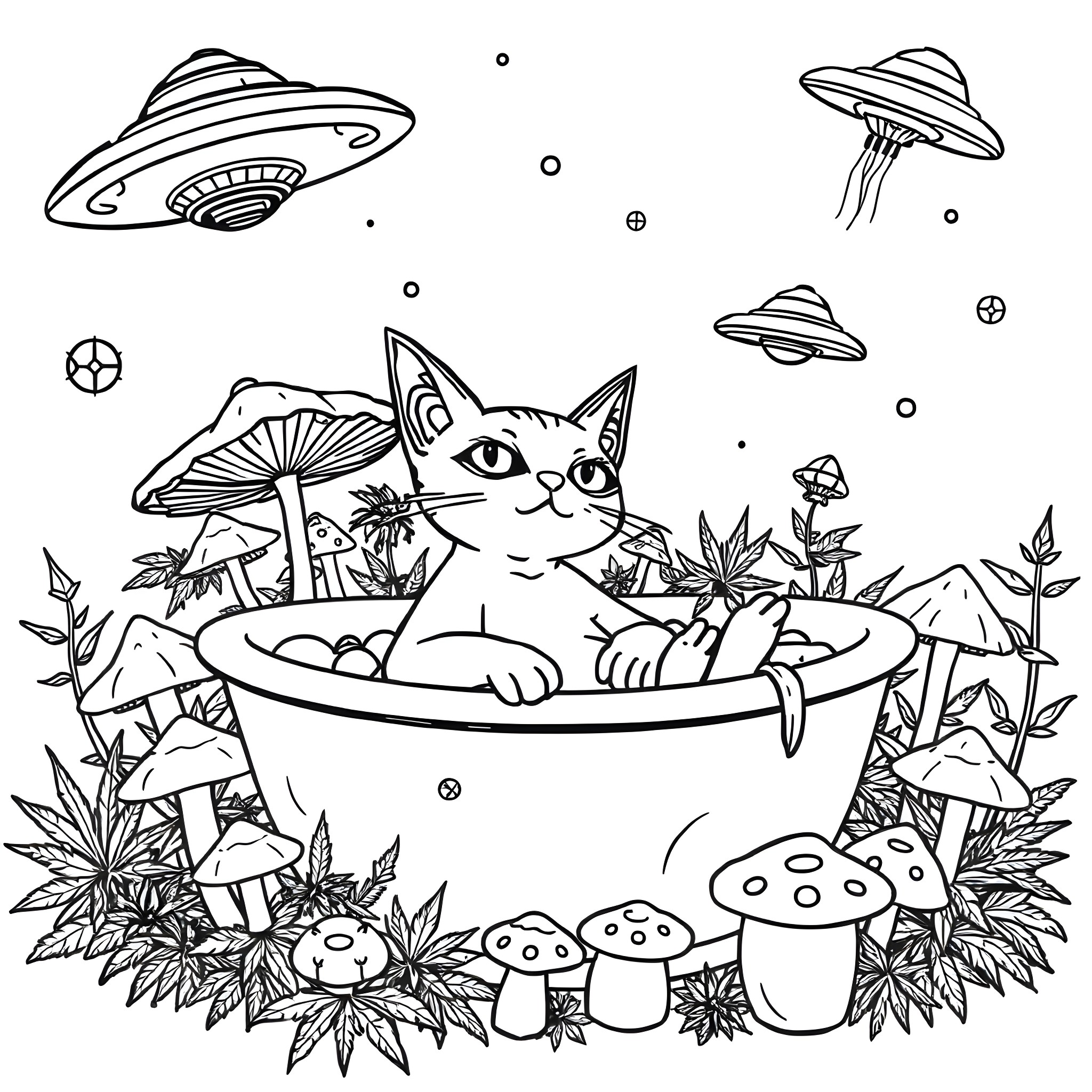 Alien Cat enjoying a whimsical mushroom bath Coloring Page (free black-and-white line drawing printable PDF for all, from beginners to advanced learners, including children, teens, adults, and seniors)