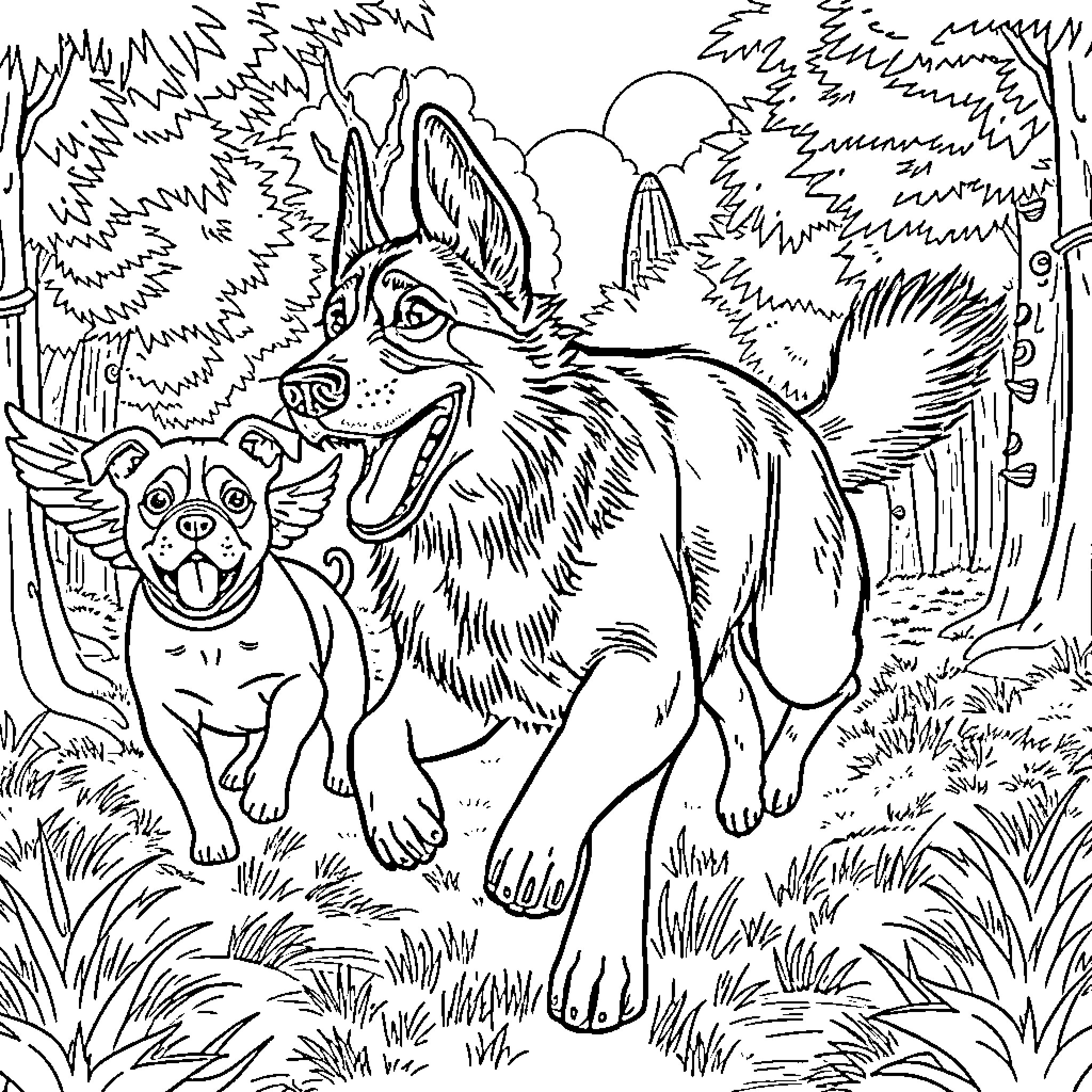 Dog and its puppy exploring the forest Coloring Page (free black-and-white line drawing printable PDF for all, from beginners to advanced learners, including children, teens, adults, and seniors)