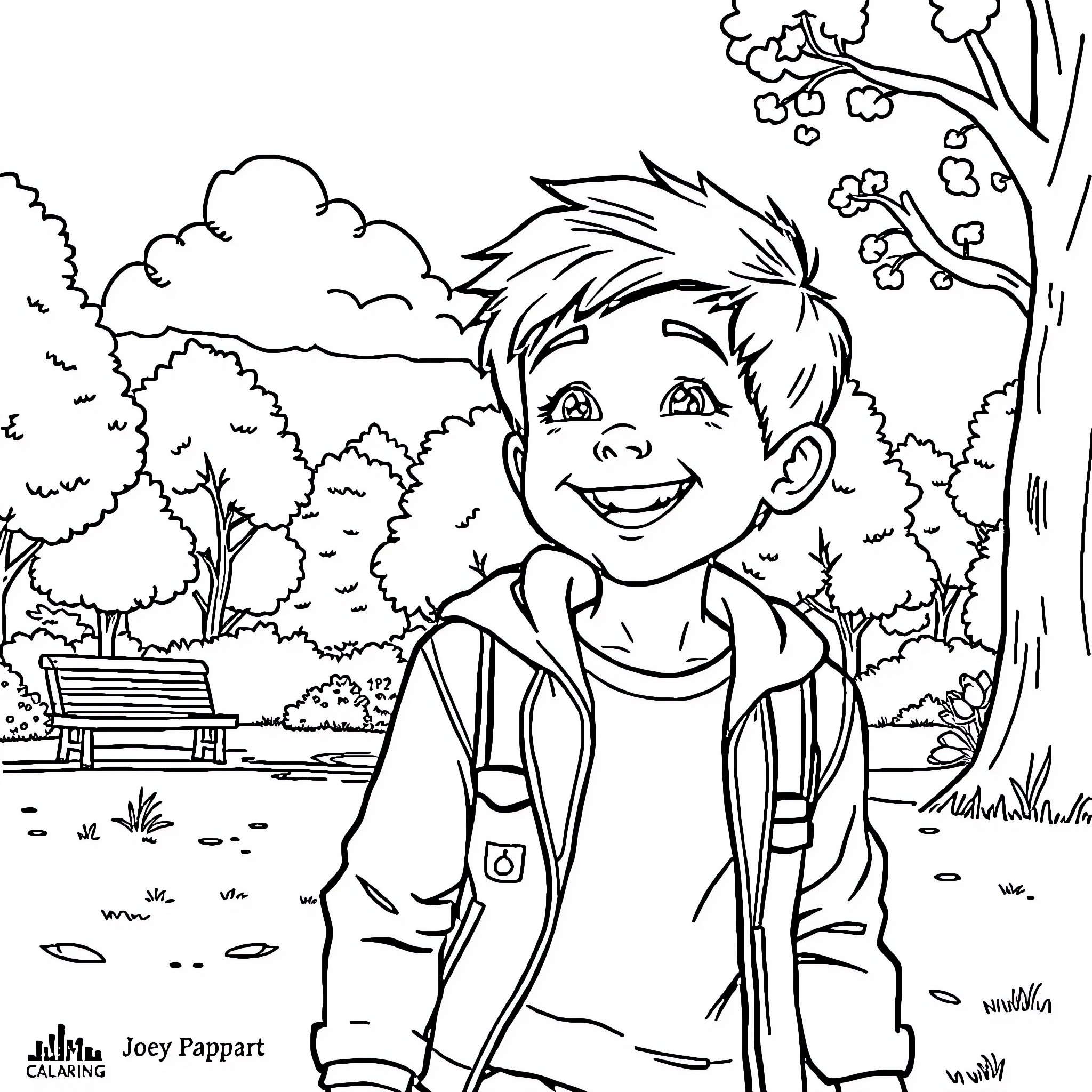 Joey enjoying a day in the park Coloring Page (free black-and-white line drawing printable PDF for all, from beginners to advanced learners, including children, teens, adults, and seniors)