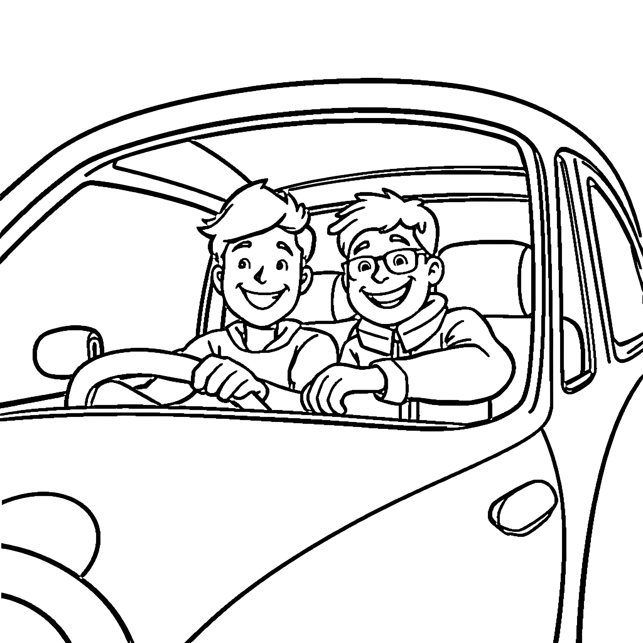 Bassie en Adriaan enjoying a car ride together Coloring Page (free black-and-white line drawing printable PDF for all, from beginners to advanced learners, including children, teens, adults, and seniors)