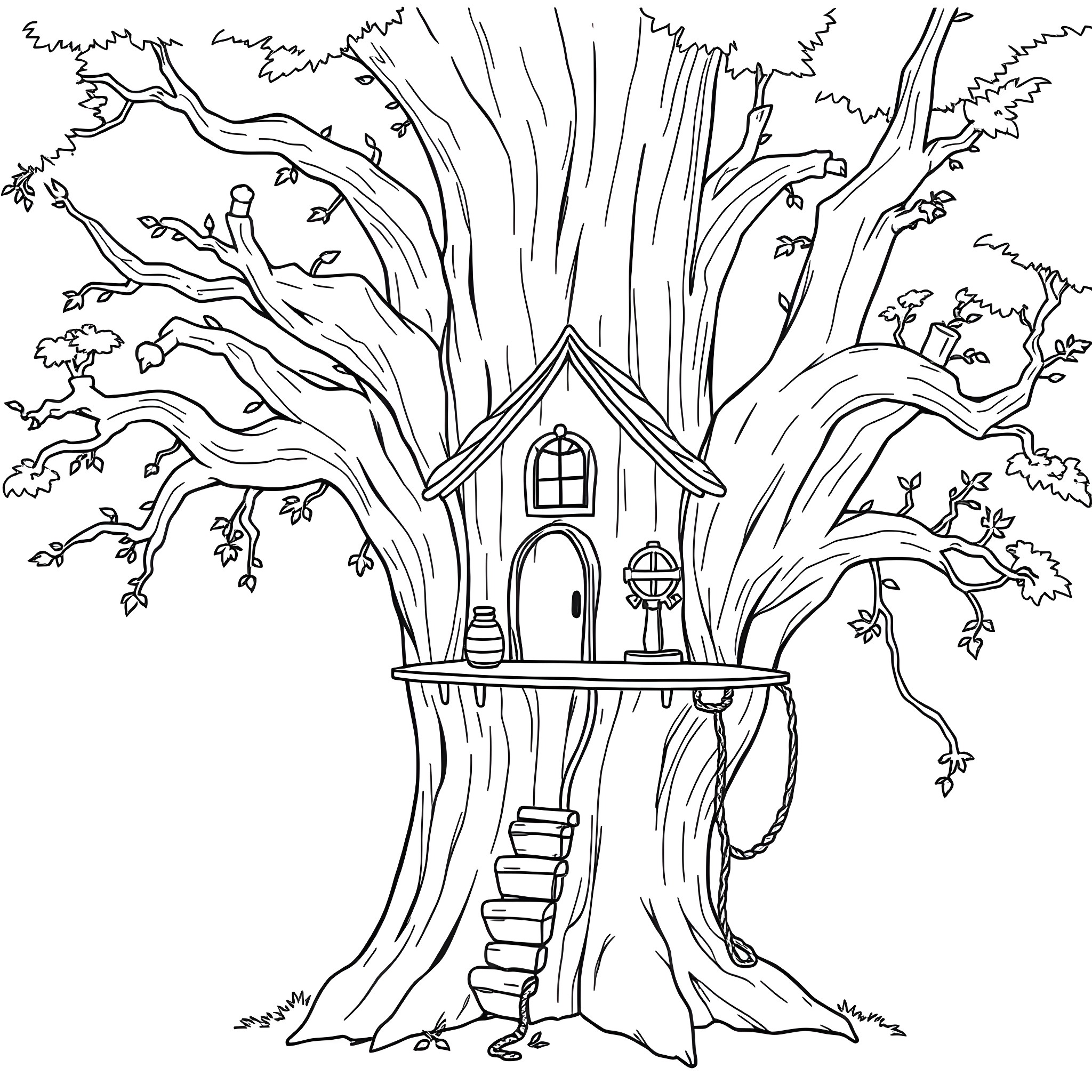Gnome's whimsical tree house in the forest Coloring Page (free black-and-white line drawing printable PDF for all, from beginners to advanced learners, including children, teens, adults, and seniors)
