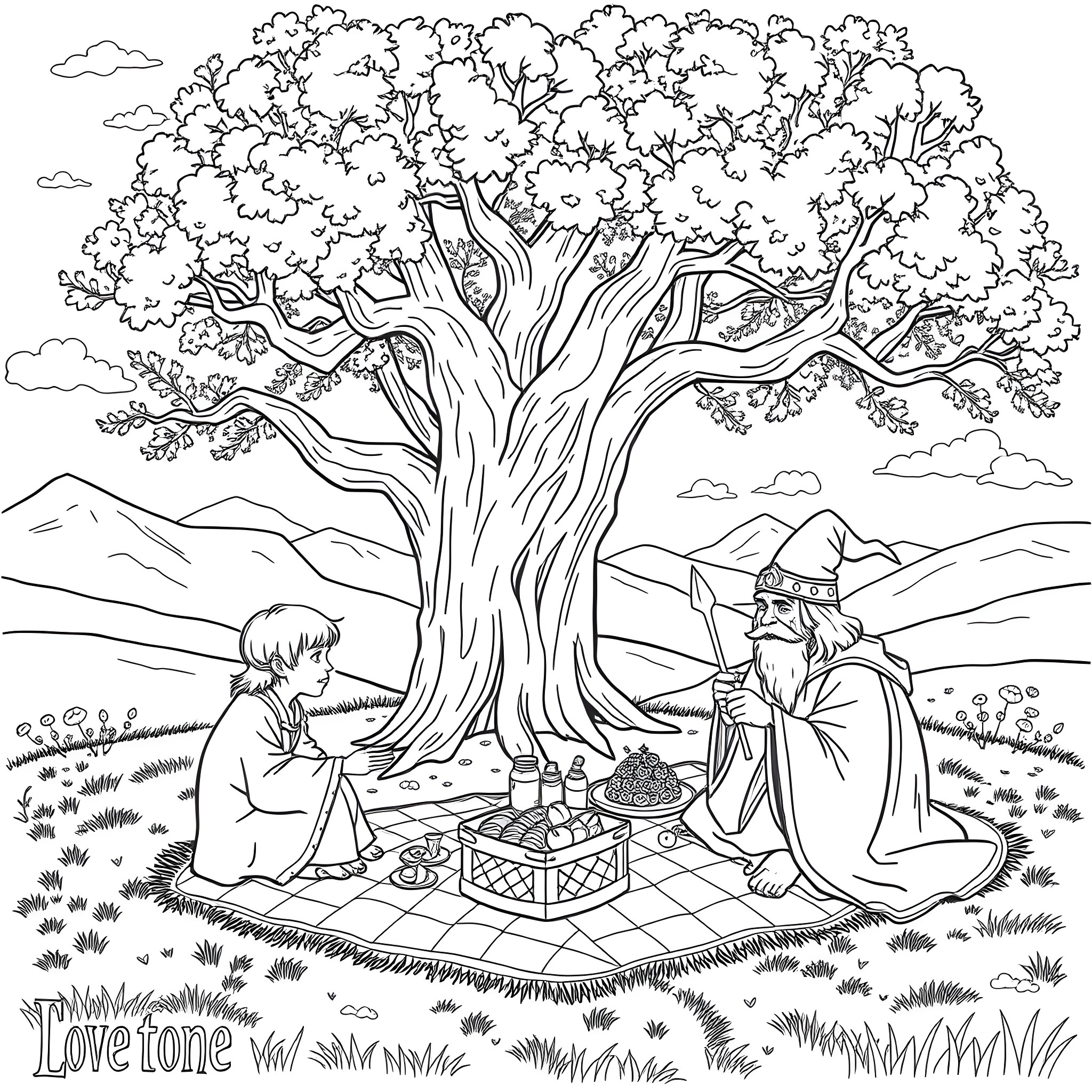 Lord of the Rings: Wizards enjoying a picnic under a large tree Coloring Page (free black-and-white line drawing printable PDF for all, from beginners to advanced learners, including children, teens, adults, and seniors)