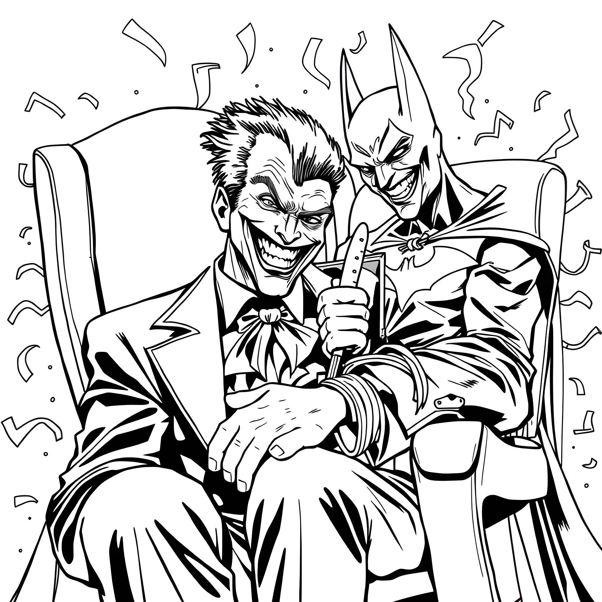 Joker's Mischievous Delight Coloring Page (free black-and-white line drawing printable PDF for all, from beginners to advanced learners, including children, teens, adults, and seniors)