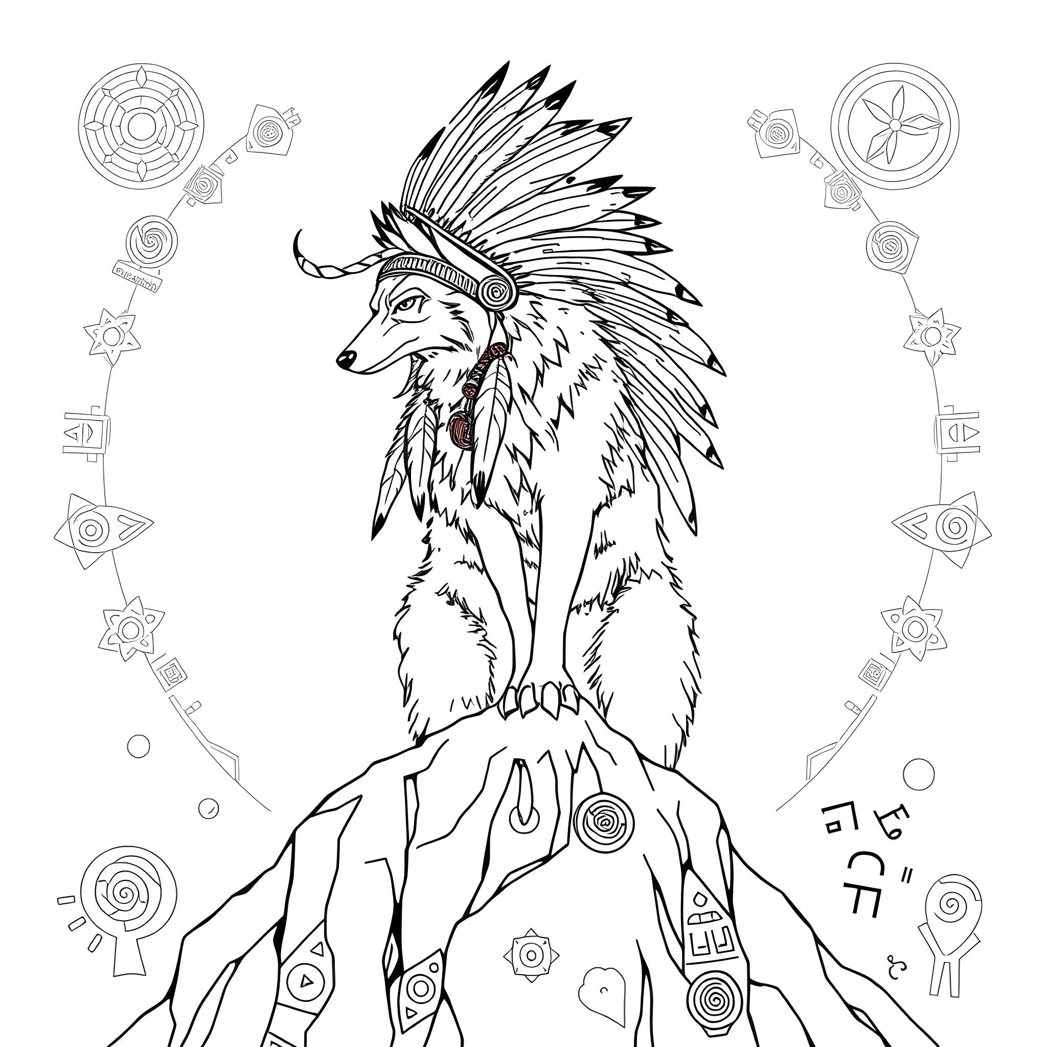 Coyote in Native American inspired regalia Coloring Page (free black-and-white line drawing printable PDF for all, from beginners to advanced learners, including children, teens, adults, and seniors)