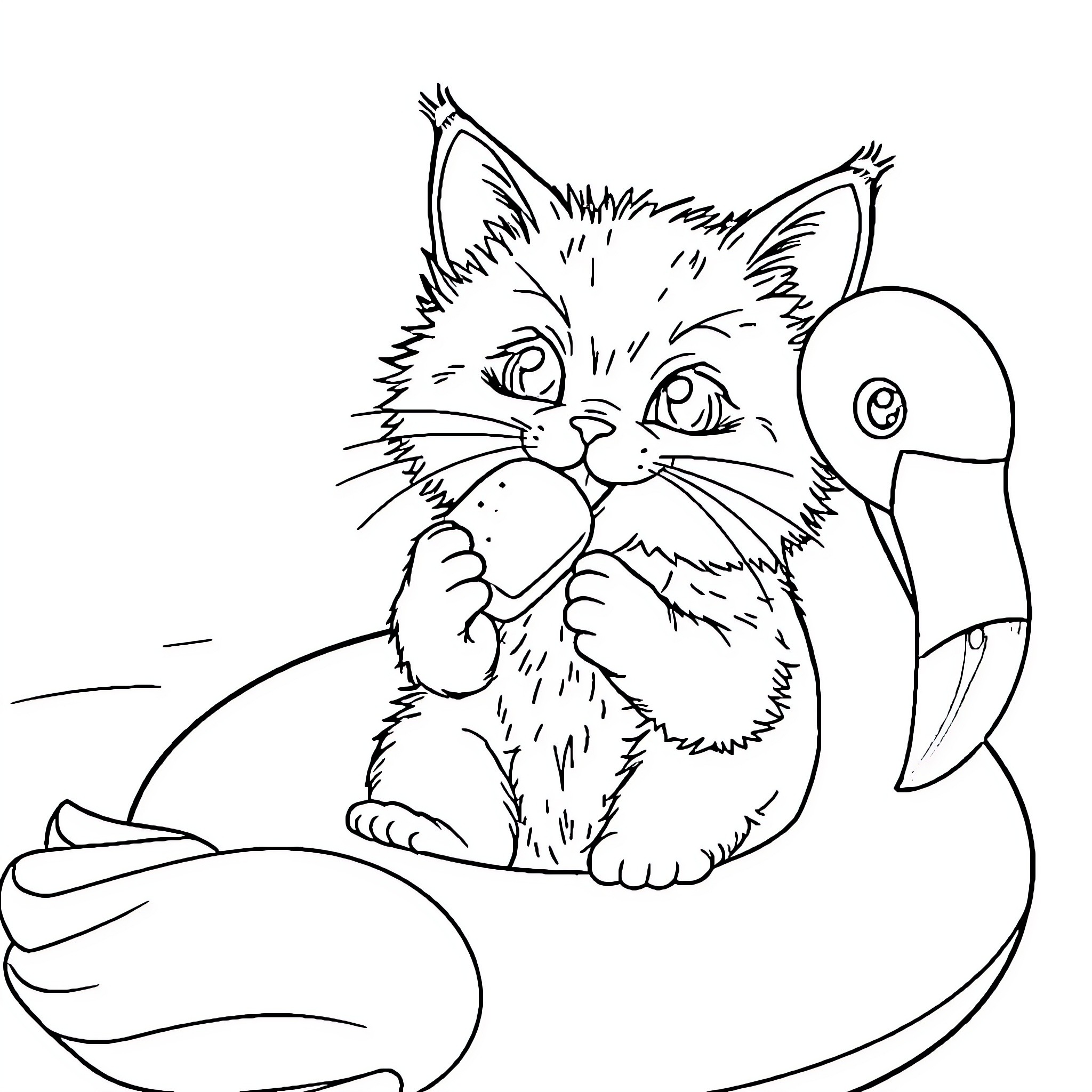 Cat sitting in a boat Coloring Page (free black-and-white line drawing printable PDF for all, from beginners to advanced learners, including children, teens, adults, and seniors)