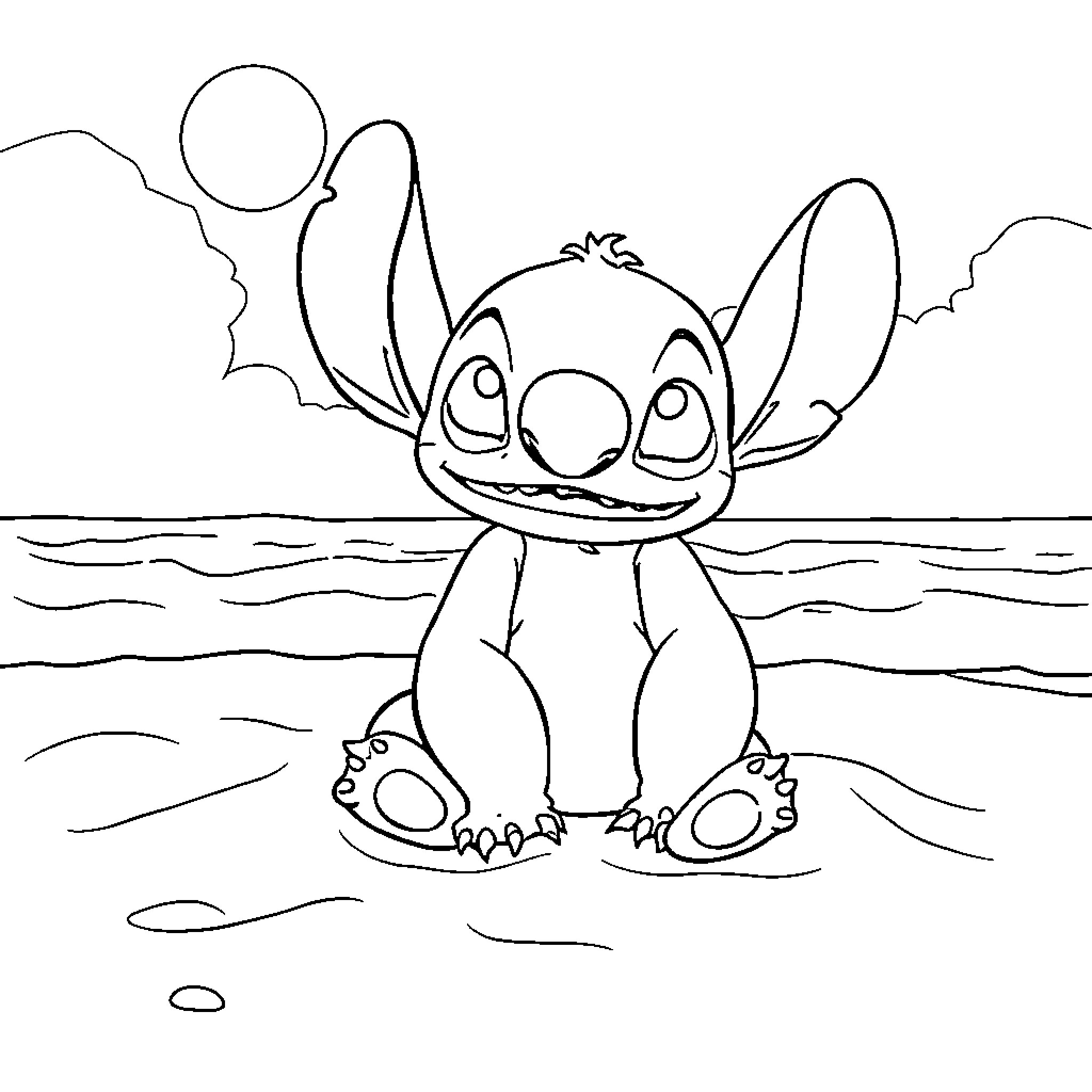 Stitch enjoying the beach scenery Coloring Page (free black-and-white line drawing printable PDF for all, from beginners to advanced learners, including children, teens, adults, and seniors)