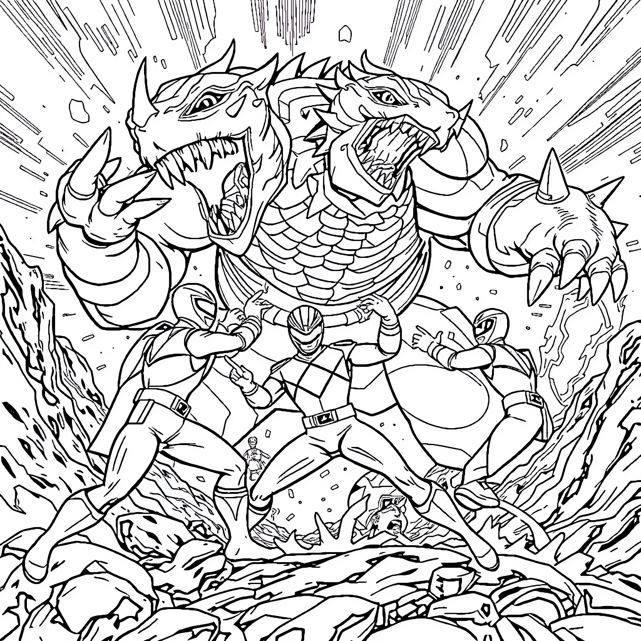 Power Ranger Battles Fierce Creature in Explosive Scene Coloring Page (free black-and-white line drawing printable PDF for all, from beginners to advanced learners, including children, teens, adults, and seniors)
