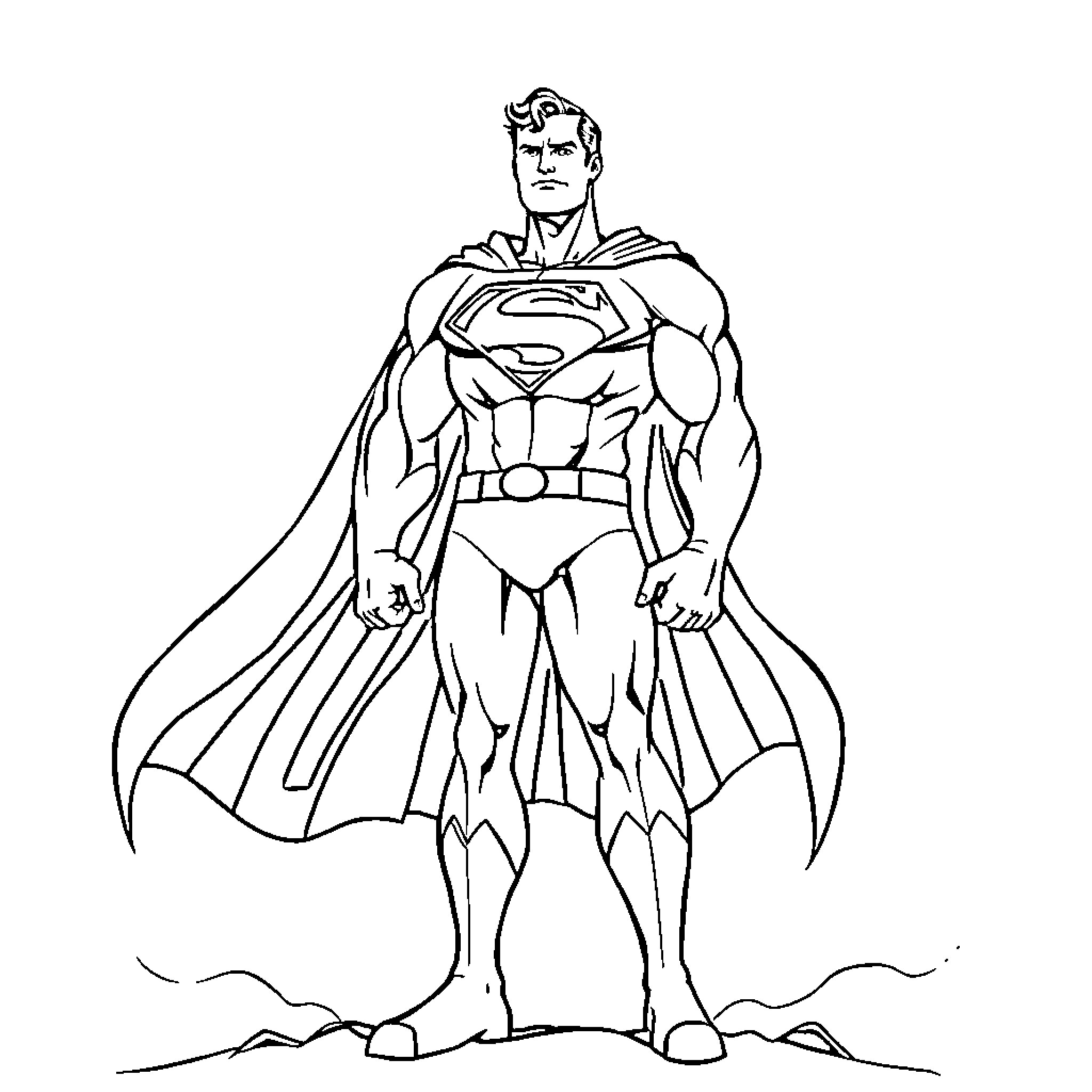 Superman in heroic stance Coloring Page (free black-and-white line drawing printable PDF for all, from beginners to advanced learners, including children, teens, adults, and seniors)