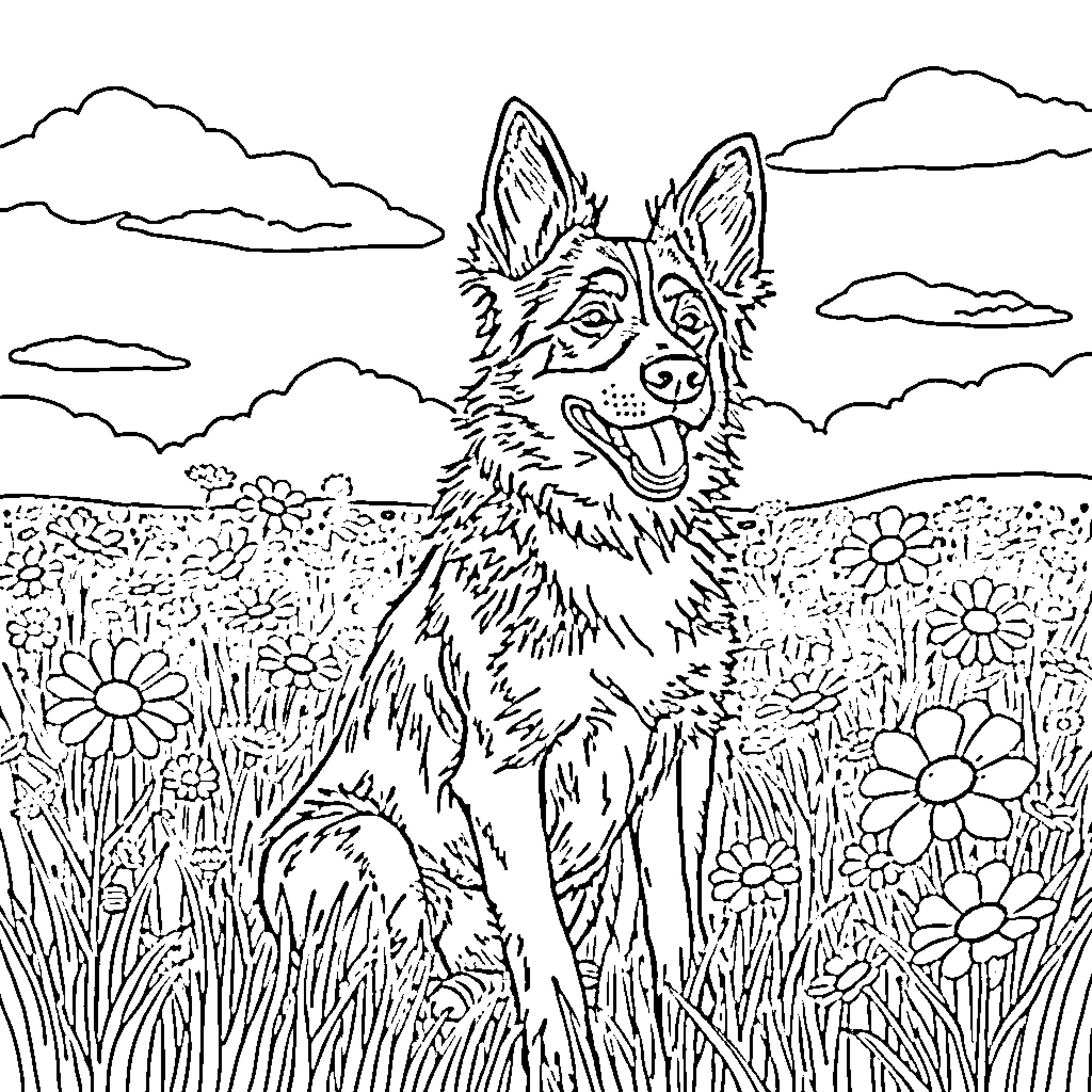 Blue Heeler enjoying the outdoors in a field of flowers Coloring Page (free black-and-white line drawing printable PDF for all, from beginners to advanced learners, including children, teens, adults, and seniors)