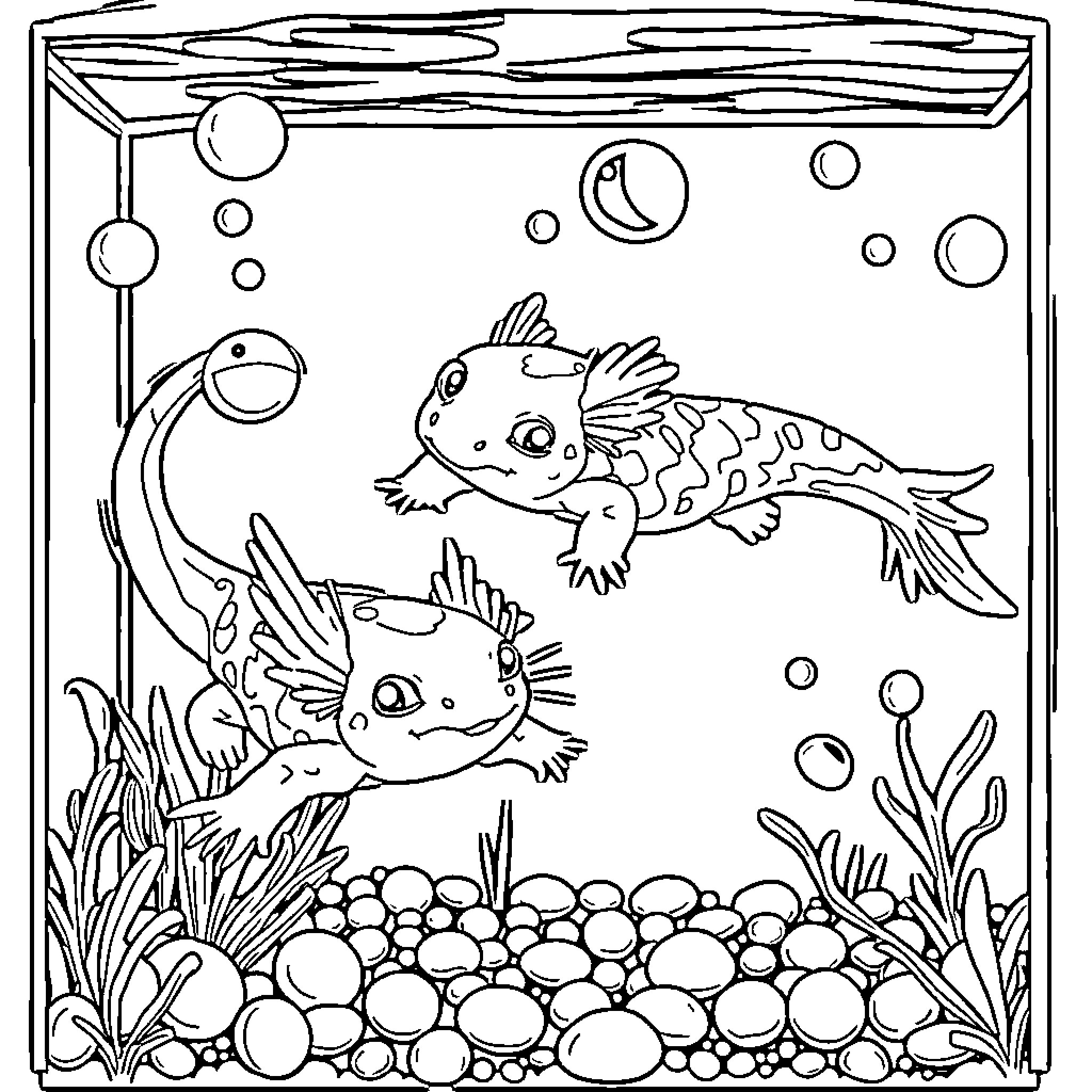 Axolotl playing in the aquarium Coloring Page (free black-and-white line drawing printable PDF for all, from beginners to advanced learners, including children, teens, adults, and seniors)