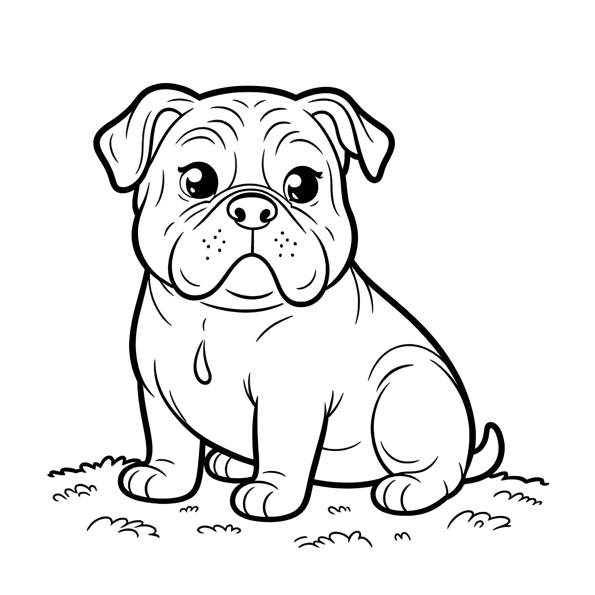 Bulldog sitting on the grass Coloring Page (free black-and-white line drawing printable PDF for all, from beginners to advanced learners, including children, teens, adults, and seniors)