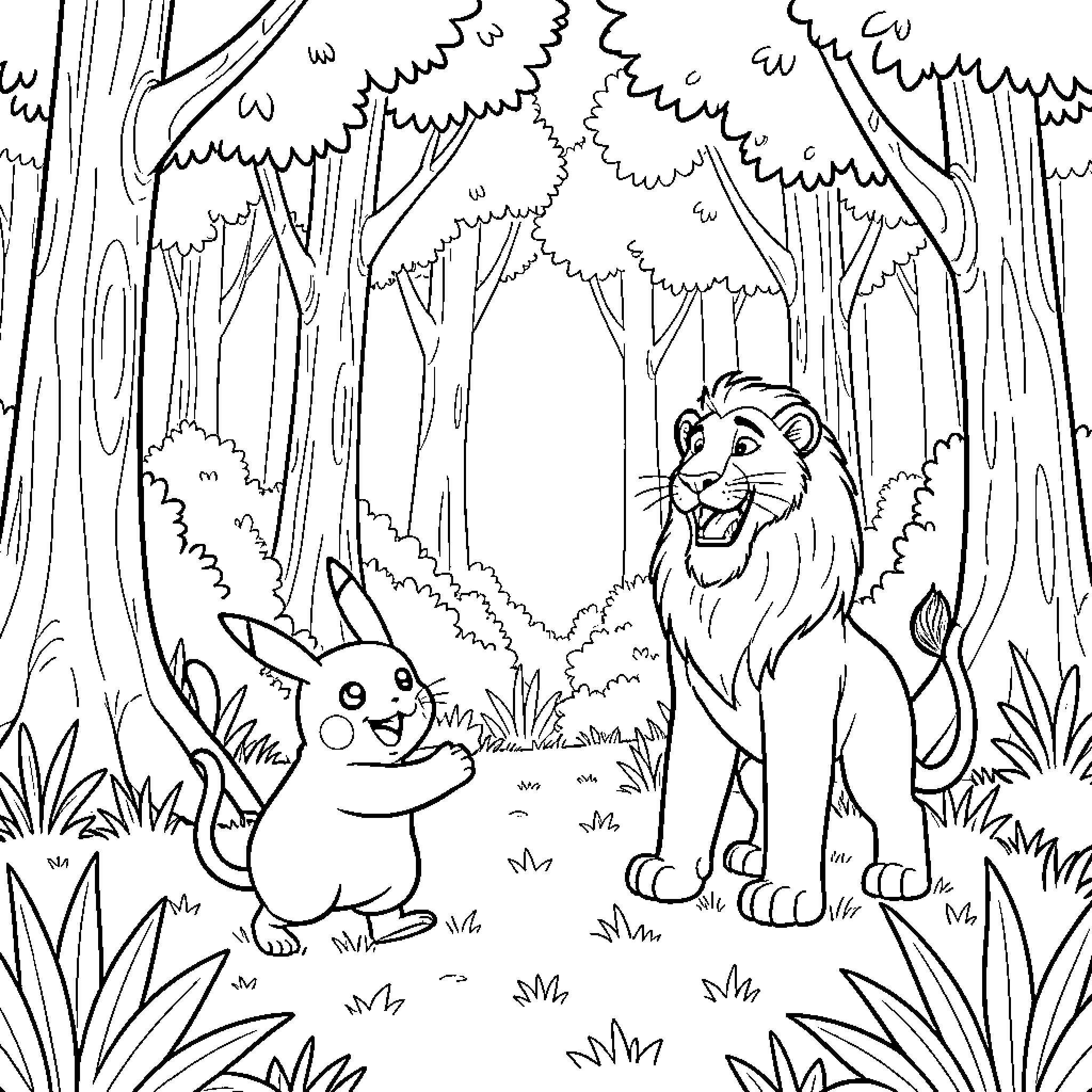 Elmo's friend interacting with a lion in the forest Coloring Page (free black-and-white line drawing printable PDF for all, from beginners to advanced learners, including children, teens, adults, and seniors)