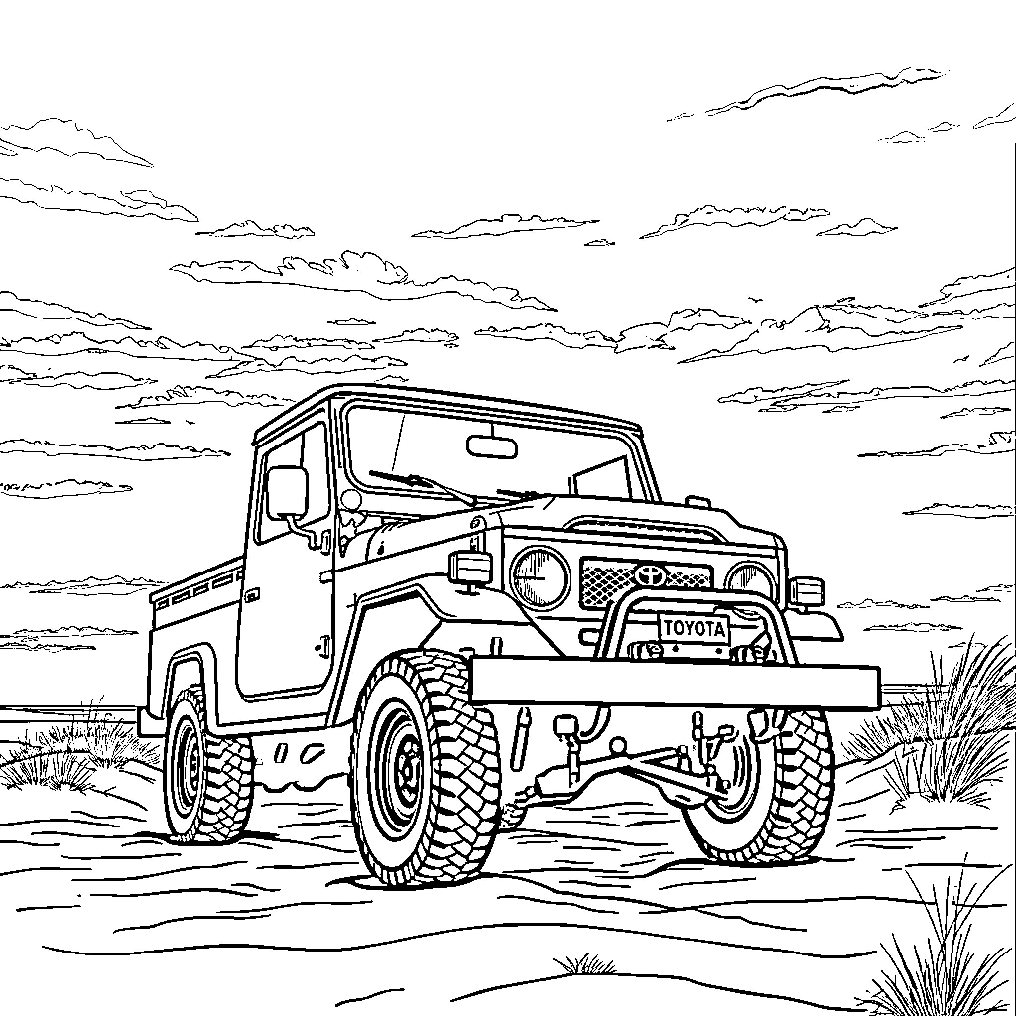 Toyota BJ40 off-road adventure in nature Coloring Page (free black-and-white line drawing printable PDF for all, from beginners to advanced learners, including children, teens, adults, and seniors)