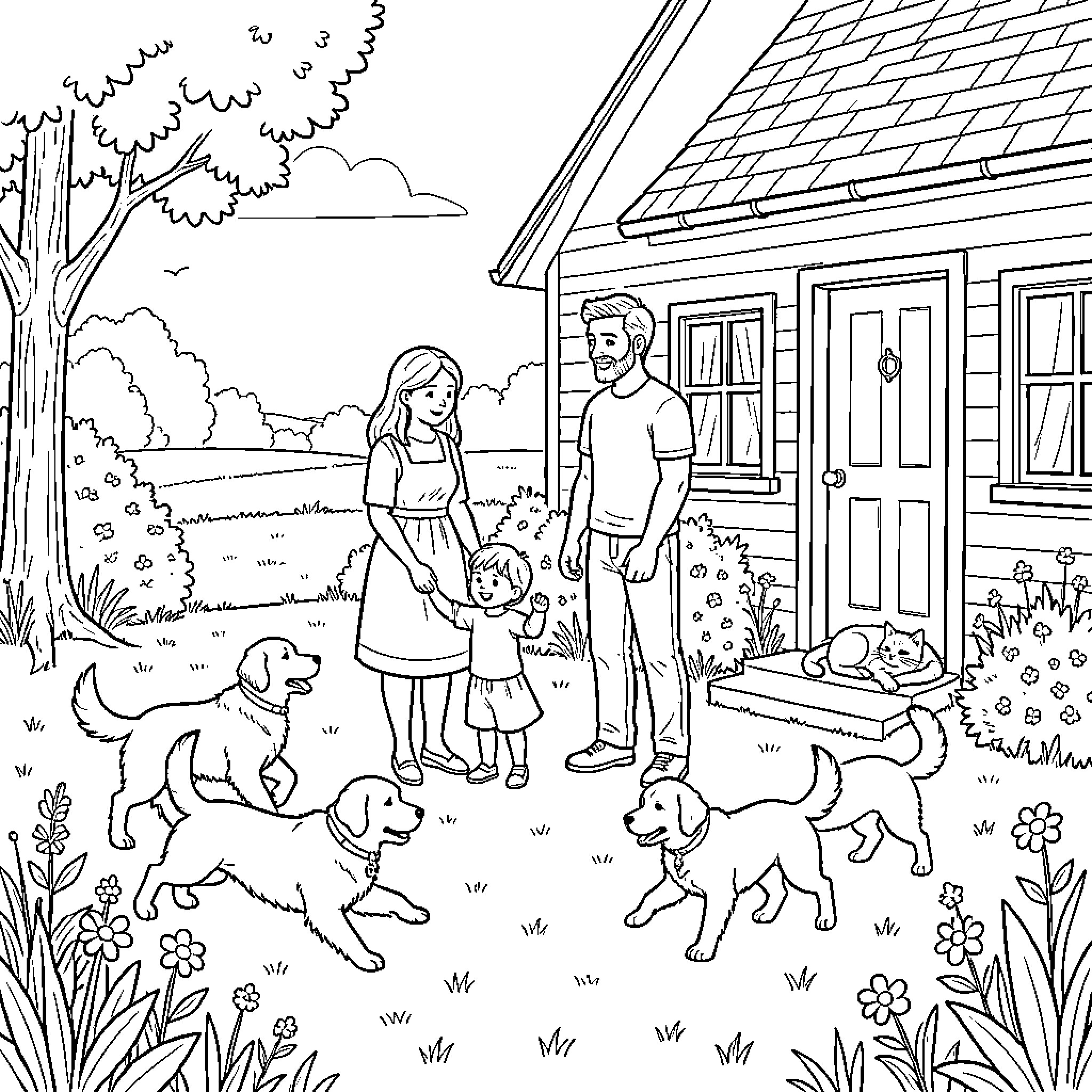 Family walking together with pets in the yard Coloring Page (free black-and-white line drawing printable PDF for all, from beginners to advanced learners, including children, teens, adults, and seniors)