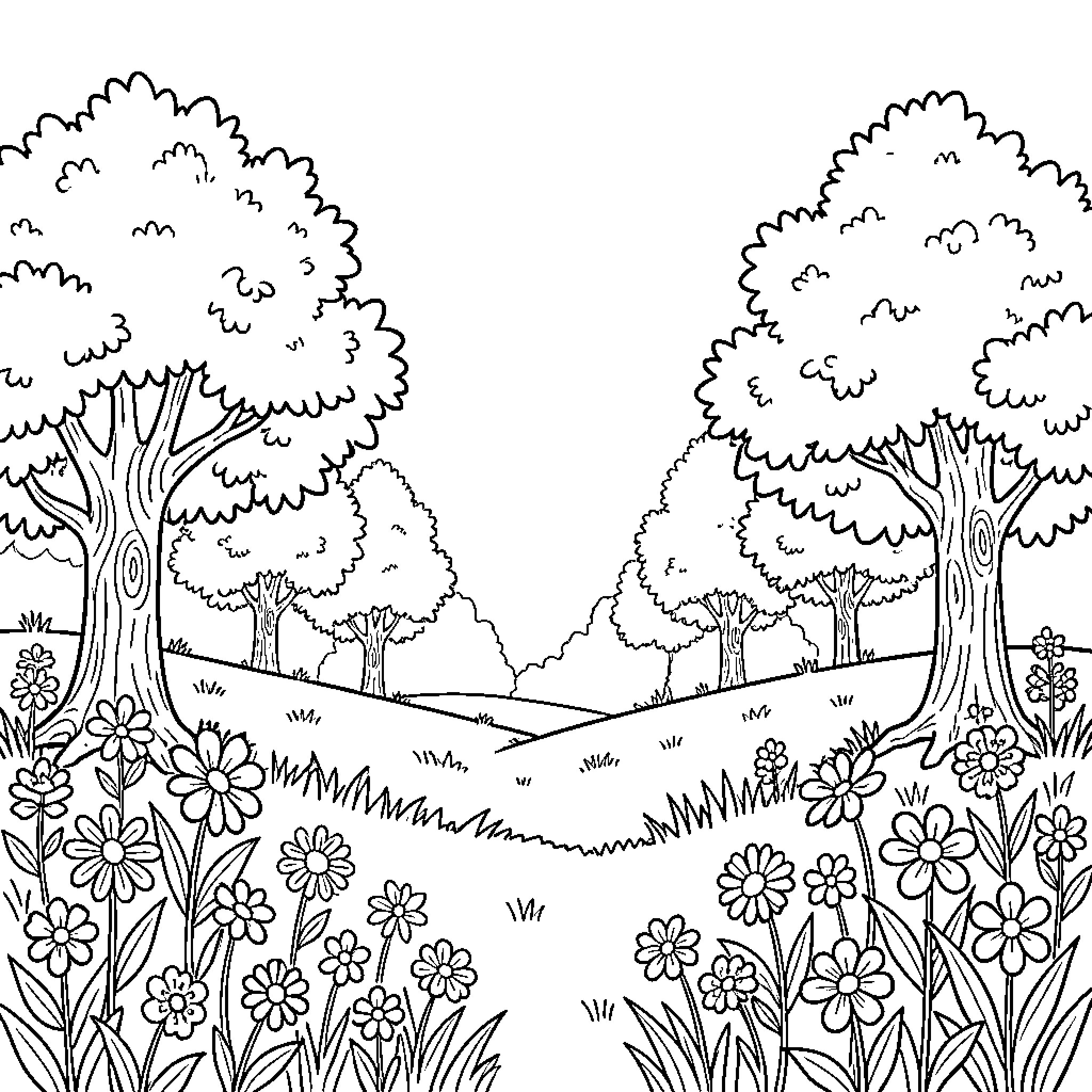Nature's Enchanting Landscape with Blooming Flowers Coloring Page (free black-and-white line drawing printable PDF for all, from beginners to advanced learners, including children, teens, adults, and seniors)