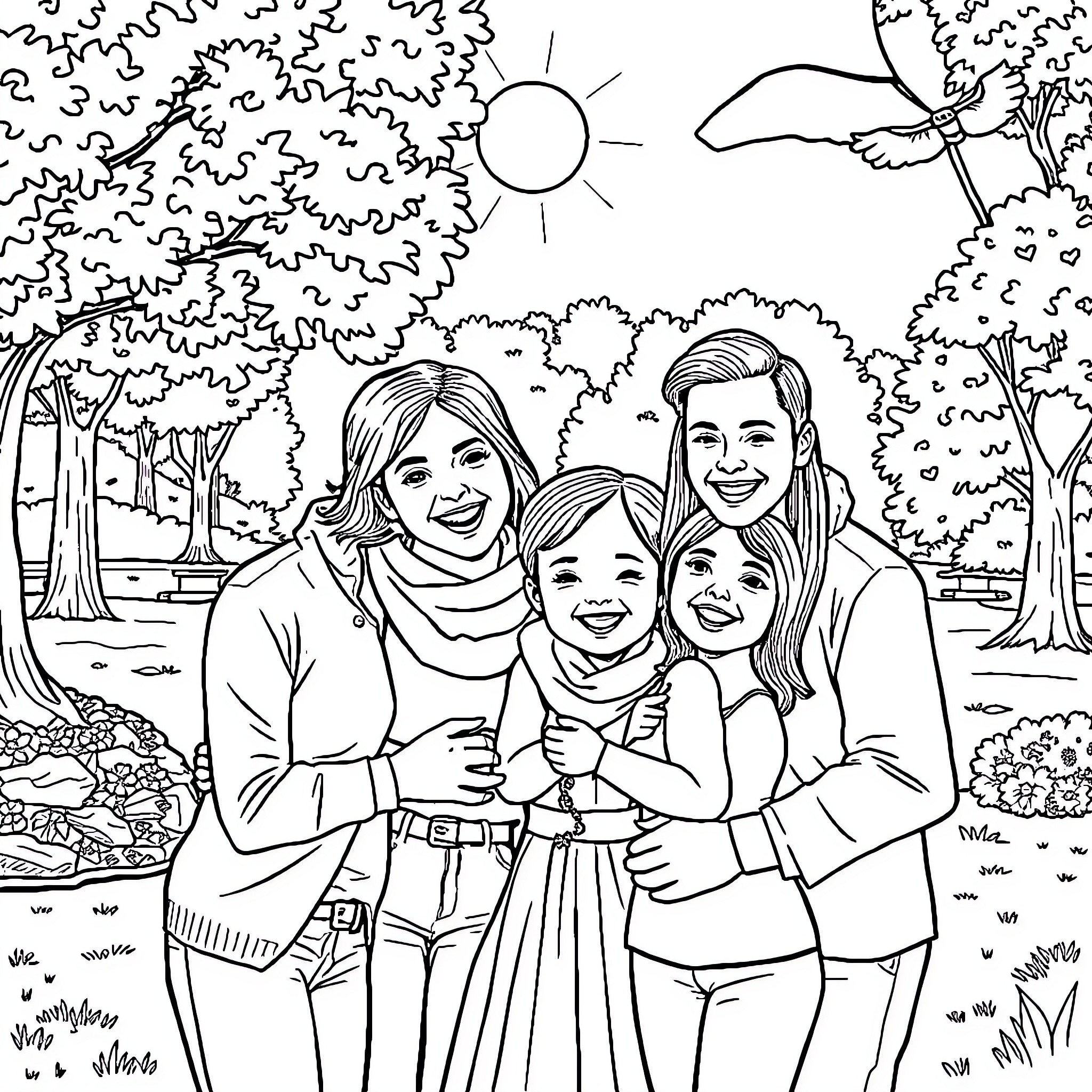 Family enjoying time outdoors in nature Coloring Page (free black-and-white line drawing printable PDF for all, from beginners to advanced learners, including children, teens, adults, and seniors)