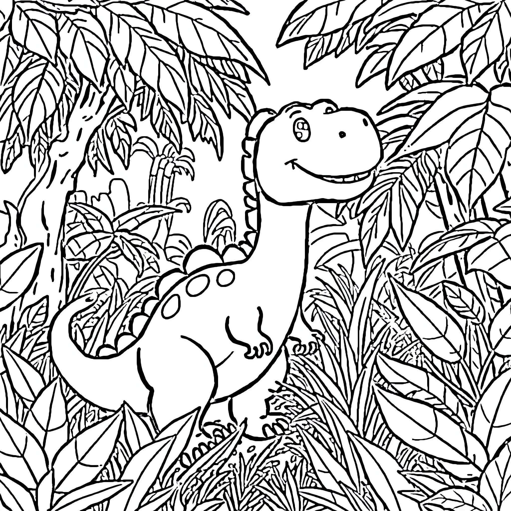 Dinosaur exploring the lush jungle landscape Coloring Page (free black-and-white line drawing printable PDF for all, from beginners to advanced learners, including children, teens, adults, and seniors)