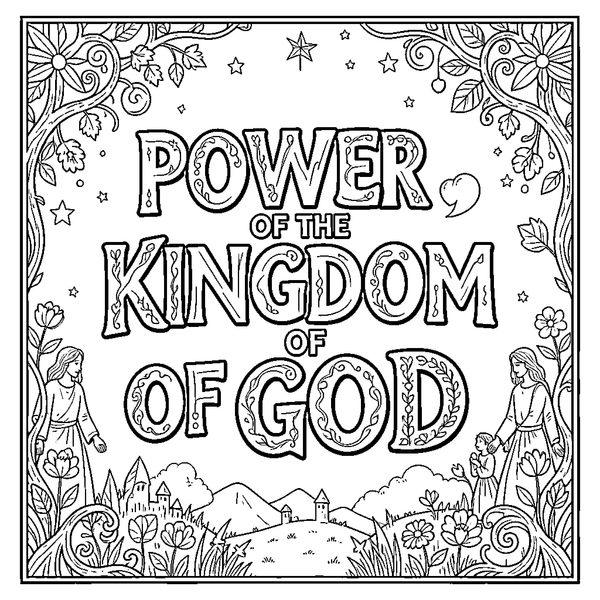 Kingdom of God surrounded by nature and stars Coloring Page (free black-and-white line drawing printable PDF for all, from beginners to advanced learners, including children, teens, adults, and seniors)