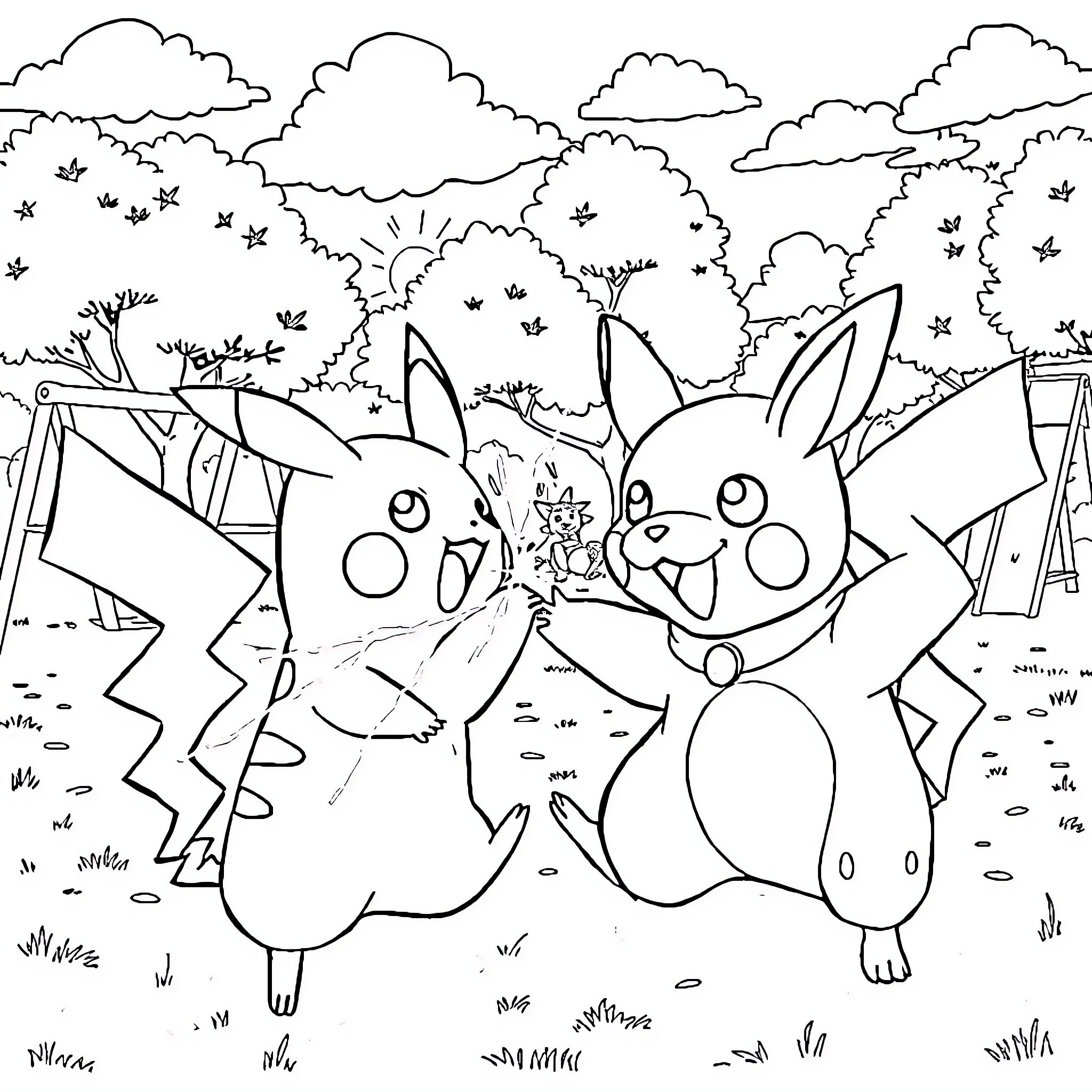 Pikachu and friends playing in the forest Coloring Page (free black-and-white line drawing printable PDF for all, from beginners to advanced learners, including children, teens, adults, and seniors)