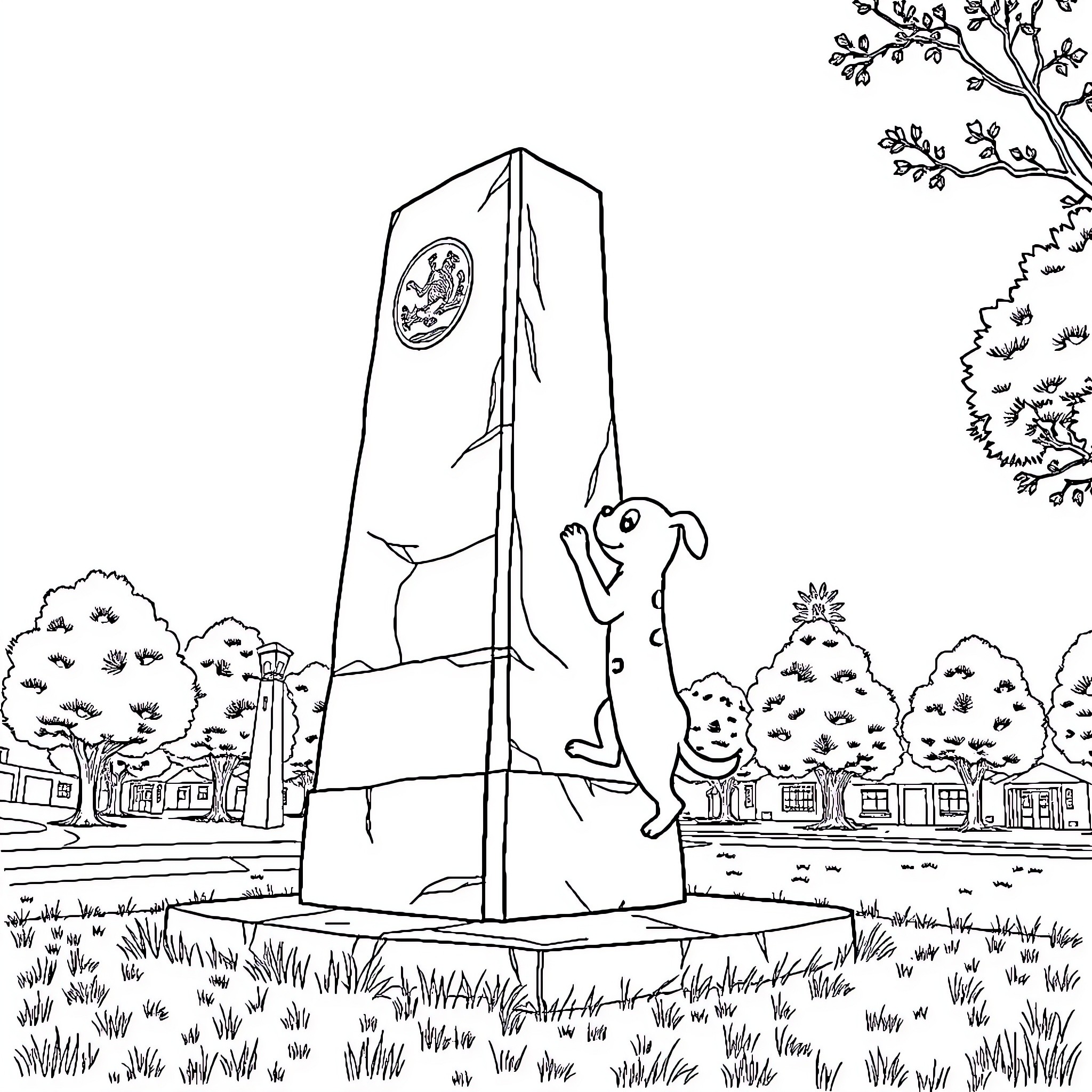 Bluey exploring a new statue in the park Coloring Page (free black-and-white line drawing printable PDF for all, from beginners to advanced learners, including children, teens, adults, and seniors)