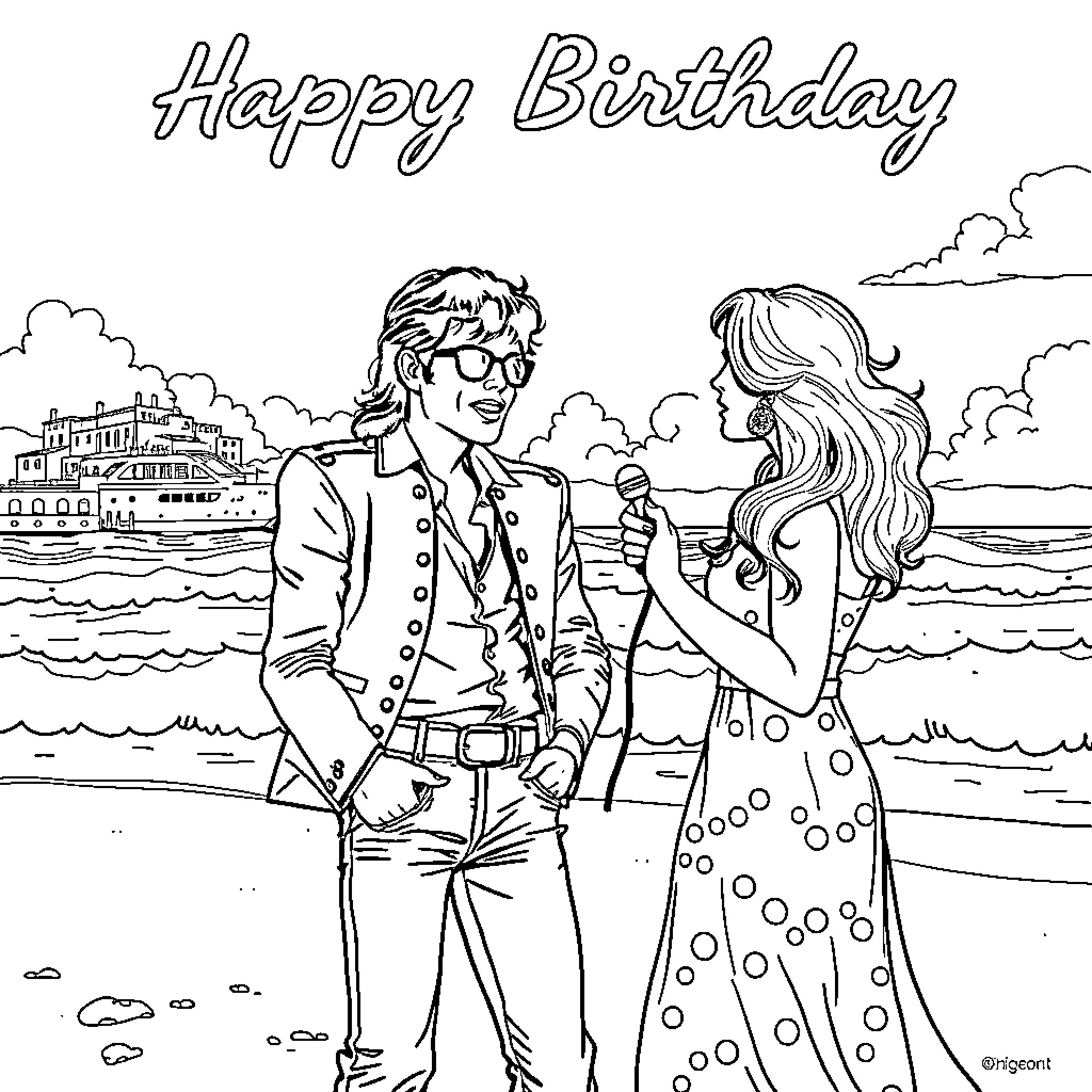 Michael Jackson and a woman on the beach Coloring Page (free black-and-white line drawing printable PDF for all, from beginners to advanced learners, including children, teens, adults, and seniors)
