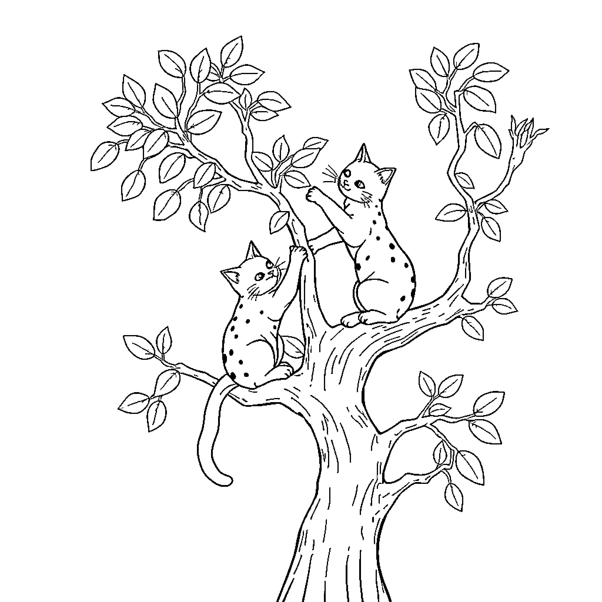 Cats climbing playfully on a tree Coloring Page (free black-and-white line drawing printable PDF for all, from beginners to advanced learners, including children, teens, adults, and seniors)