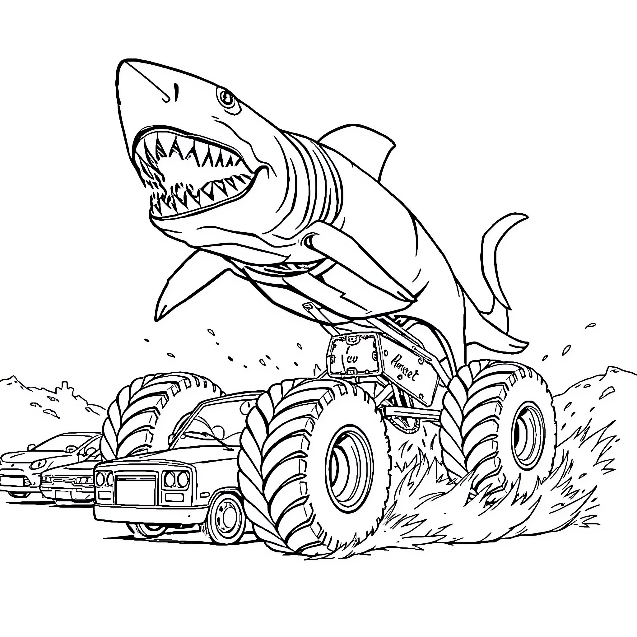 Megalodon monster truck crushing obstacles Coloring Page (free black-and-white line drawing printable PDF for all, from beginners to advanced learners, including children, teens, adults, and seniors)