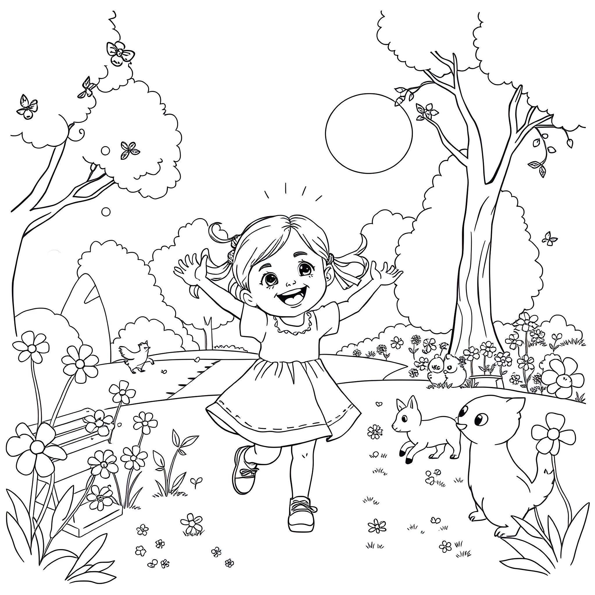 Girl in a Joyful Outdoor Scene with Playful Animals Coloring Page (free black-and-white line drawing printable PDF for all, from beginners to advanced learners, including children, teens, adults, and seniors)