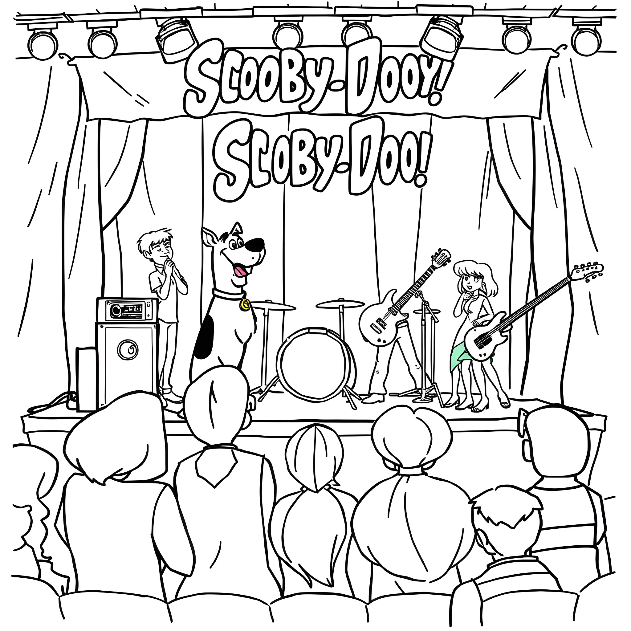 Misfits performing on stage with Scooby-Doo Coloring Page (free black-and-white line drawing printable PDF for all, from beginners to advanced learners, including children, teens, adults, and seniors)