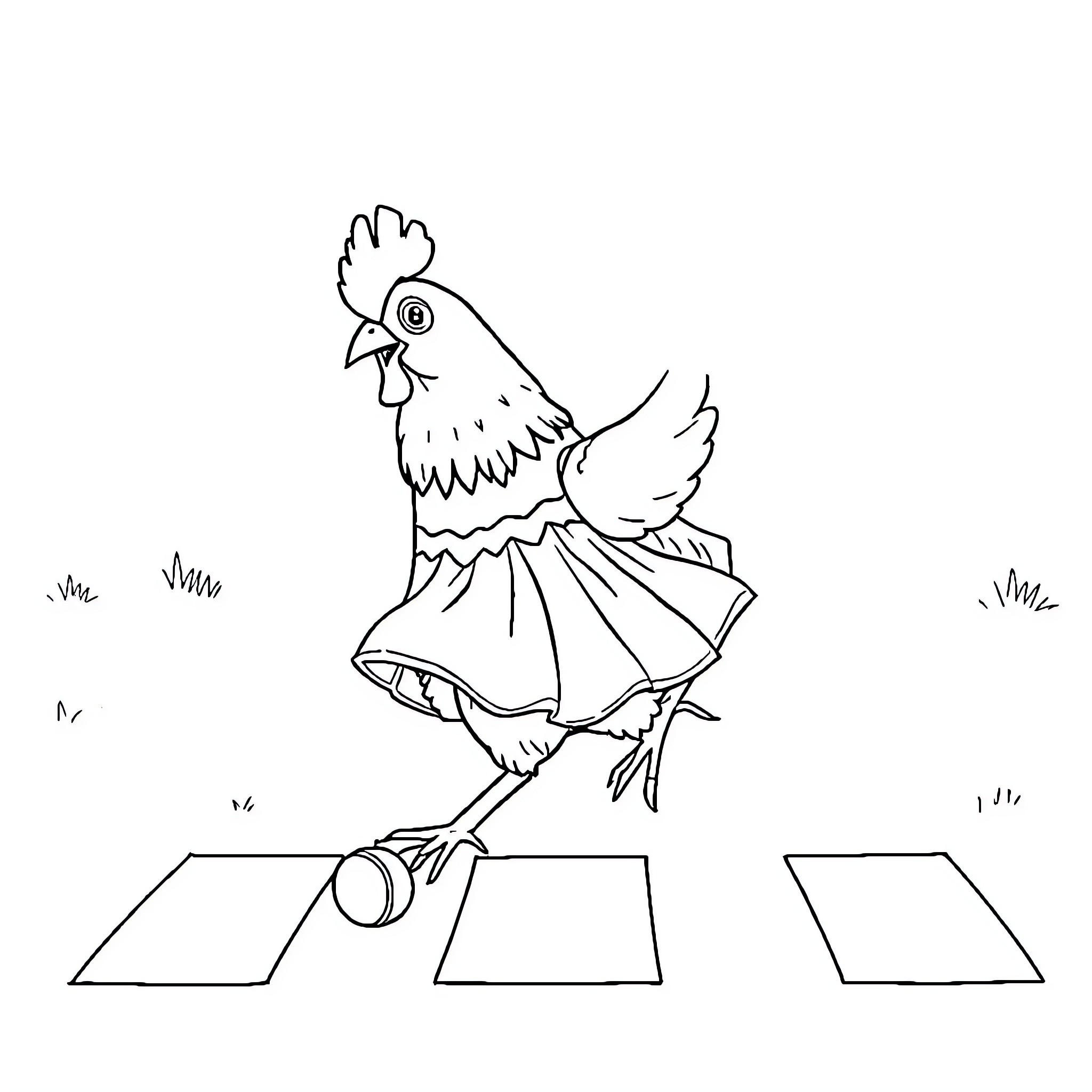 Chicken crossing the road Coloring Page (free black-and-white line drawing printable PDF for all, from beginners to advanced learners, including children, teens, adults, and seniors)