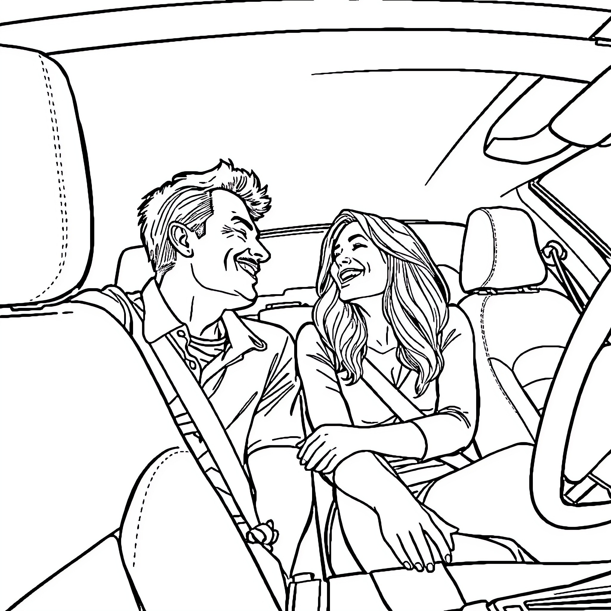 Dodge Avenger couple enjoying a joyful drive together Coloring Page (free black-and-white line drawing printable PDF for all, from beginners to advanced learners, including children, teens, adults, and seniors)