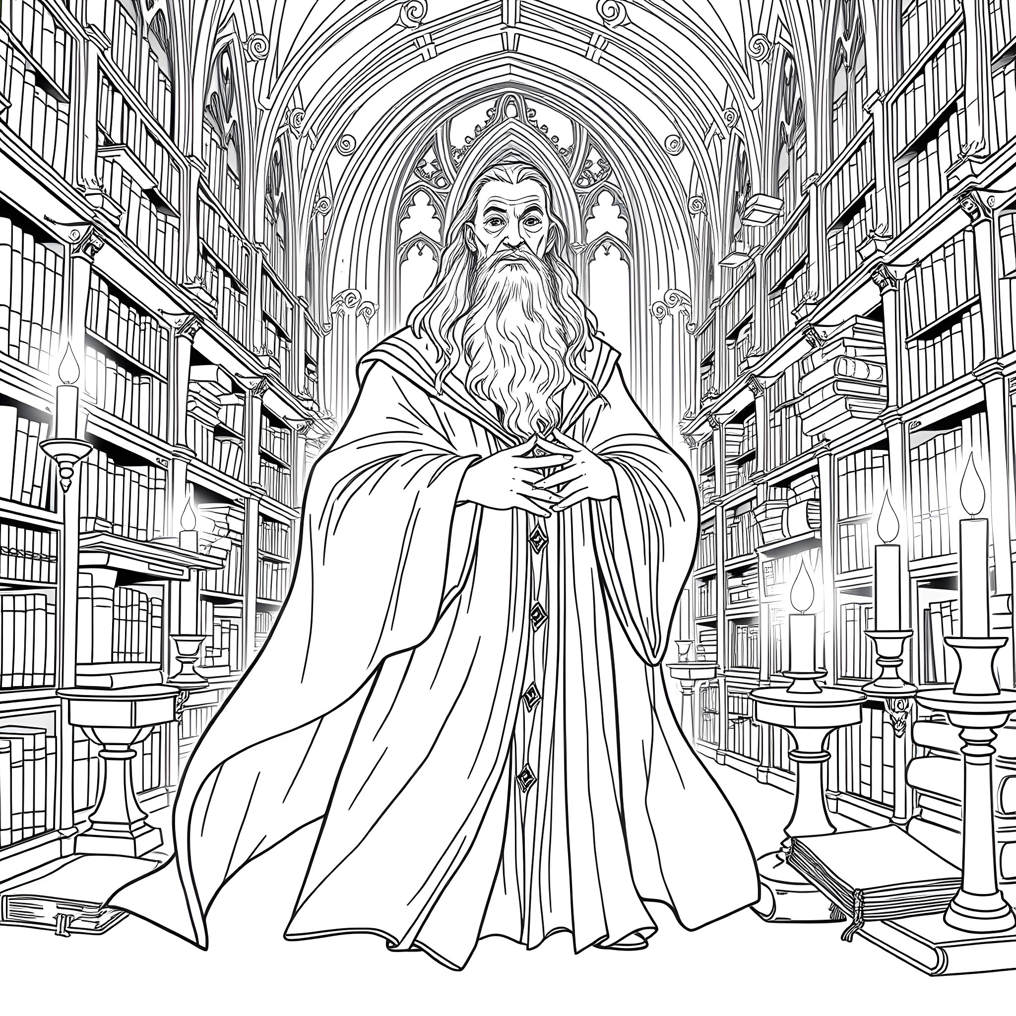 Dumbledore's Enchanting Presence in the Magical Library Coloring Page (free black-and-white line drawing printable PDF for all, from beginners to advanced learners, including children, teens, adults, and seniors)