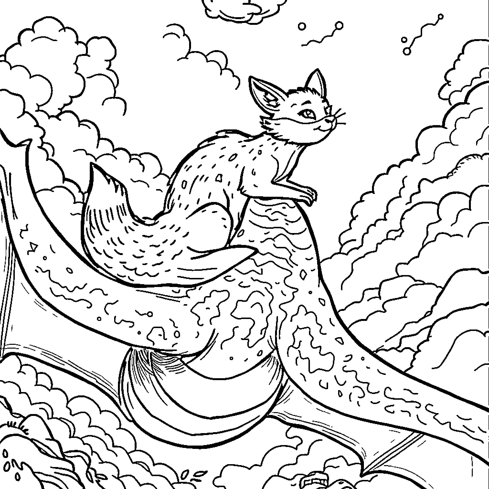 Fox leaping through a fantastical landscape Coloring Page (free black-and-white line drawing printable PDF for all, from beginners to advanced learners, including children, teens, adults, and seniors)